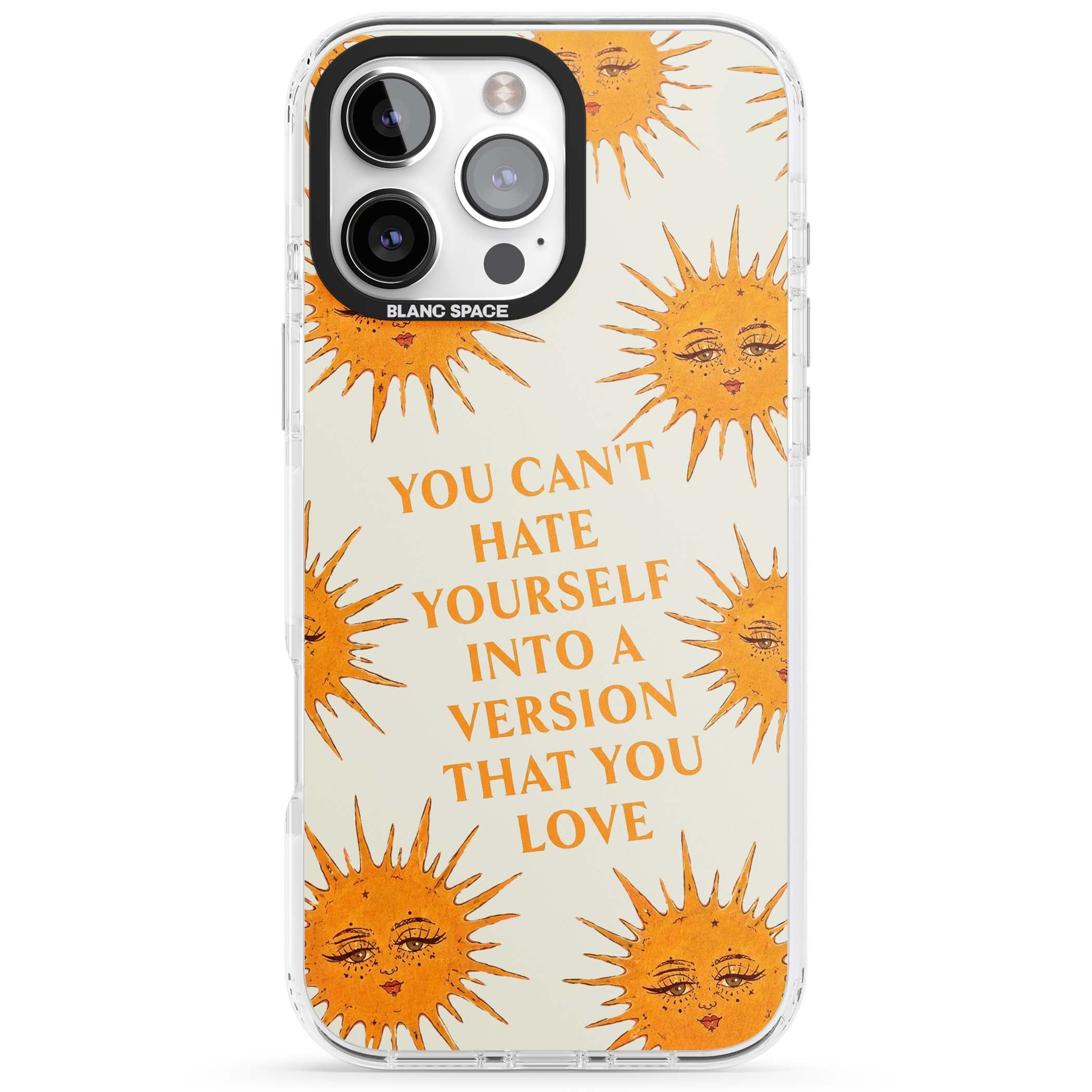 Don't Hate Yourself celestial iPhone case featuring vintage sun faces, ochre rays and a self-love quote | Clear Impact case for iPhone 16 Pro, iPhone 16 Pro Max