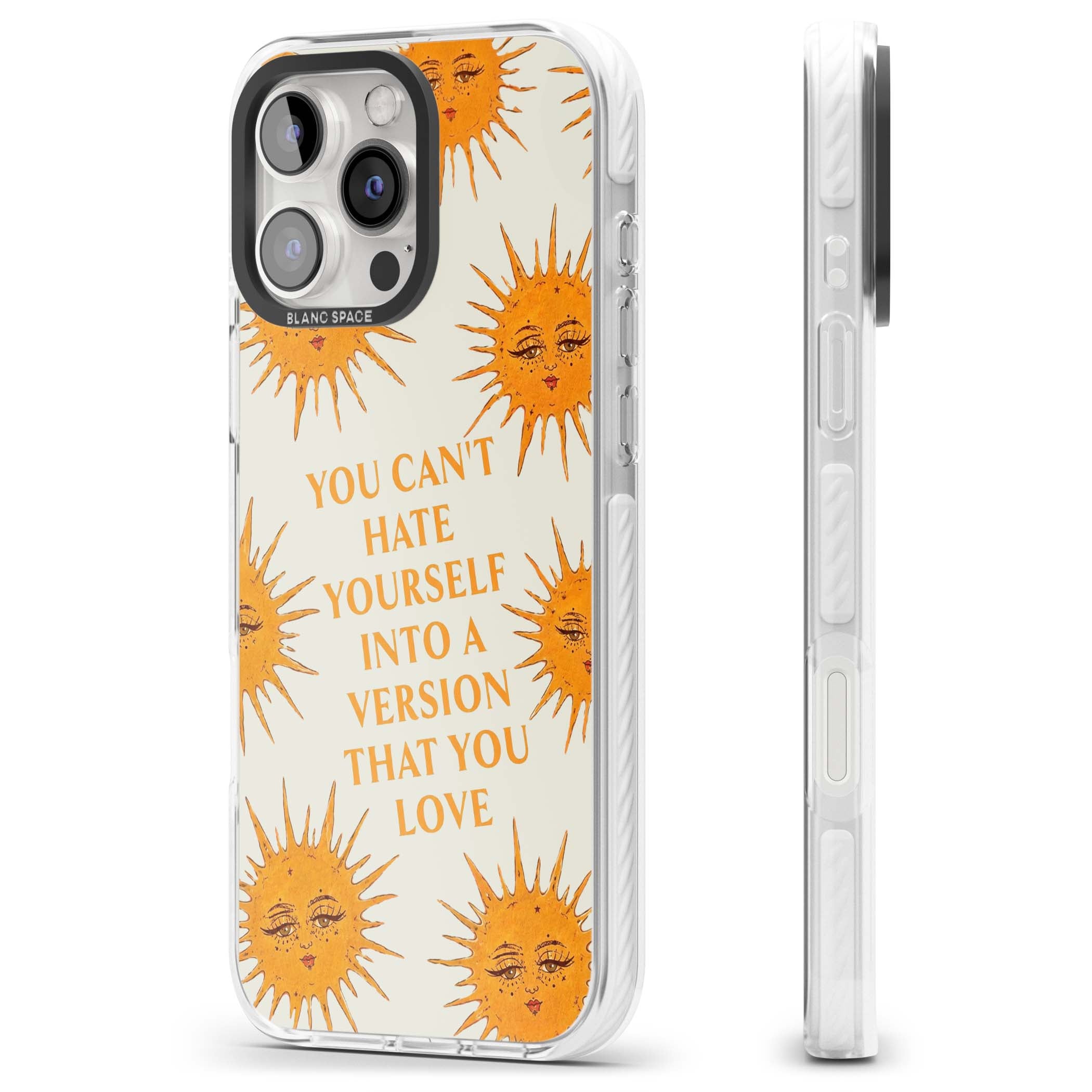 Don't Hate Yourself celestial iPhone case featuring vintage sun faces, ochre rays and a self-love quote | Clear Impact case for iPhone 16 Pro, iPhone 16 Pro Max