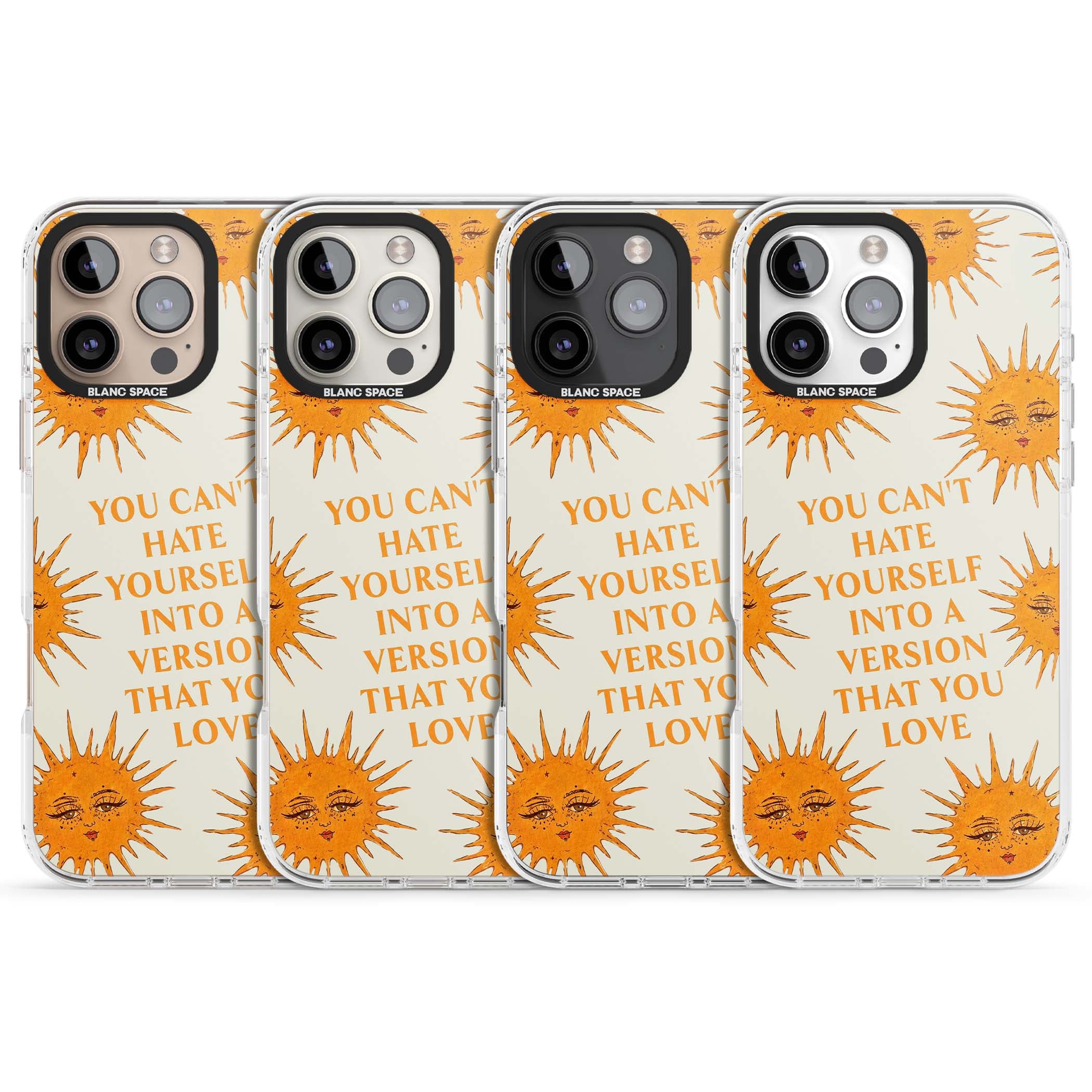 Don't Hate Yourself celestial iPhone case featuring vintage sun faces, ochre rays and a self-love quote | Clear Impact case for iPhone 16 Pro, iPhone 16 Pro Max