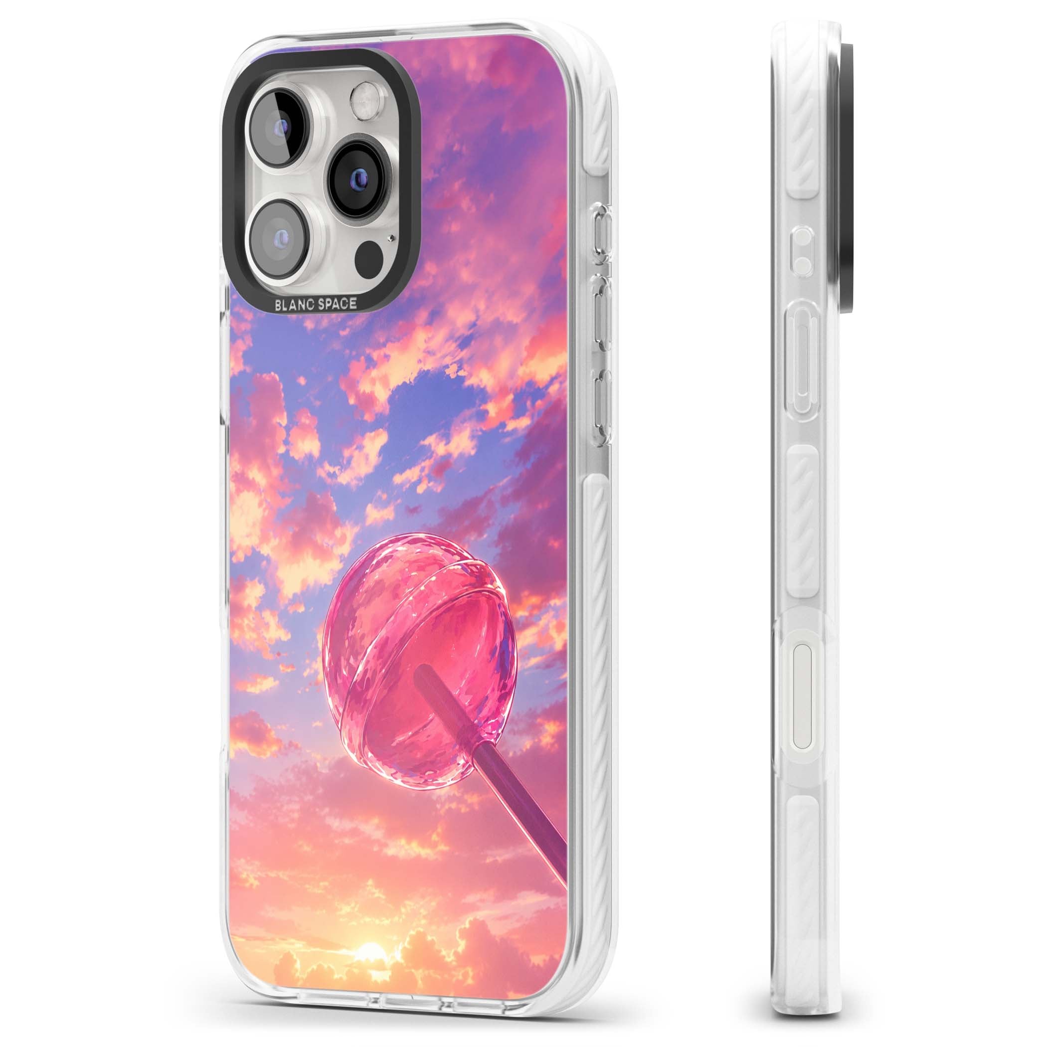 Sugar Sunset candy aesthetic iPhone case featuring a pink lollipop, pastel sunset sky and dreamy clouds | Clear Impact case for iPhone 16 Pro, iPhone 16 Pro Max