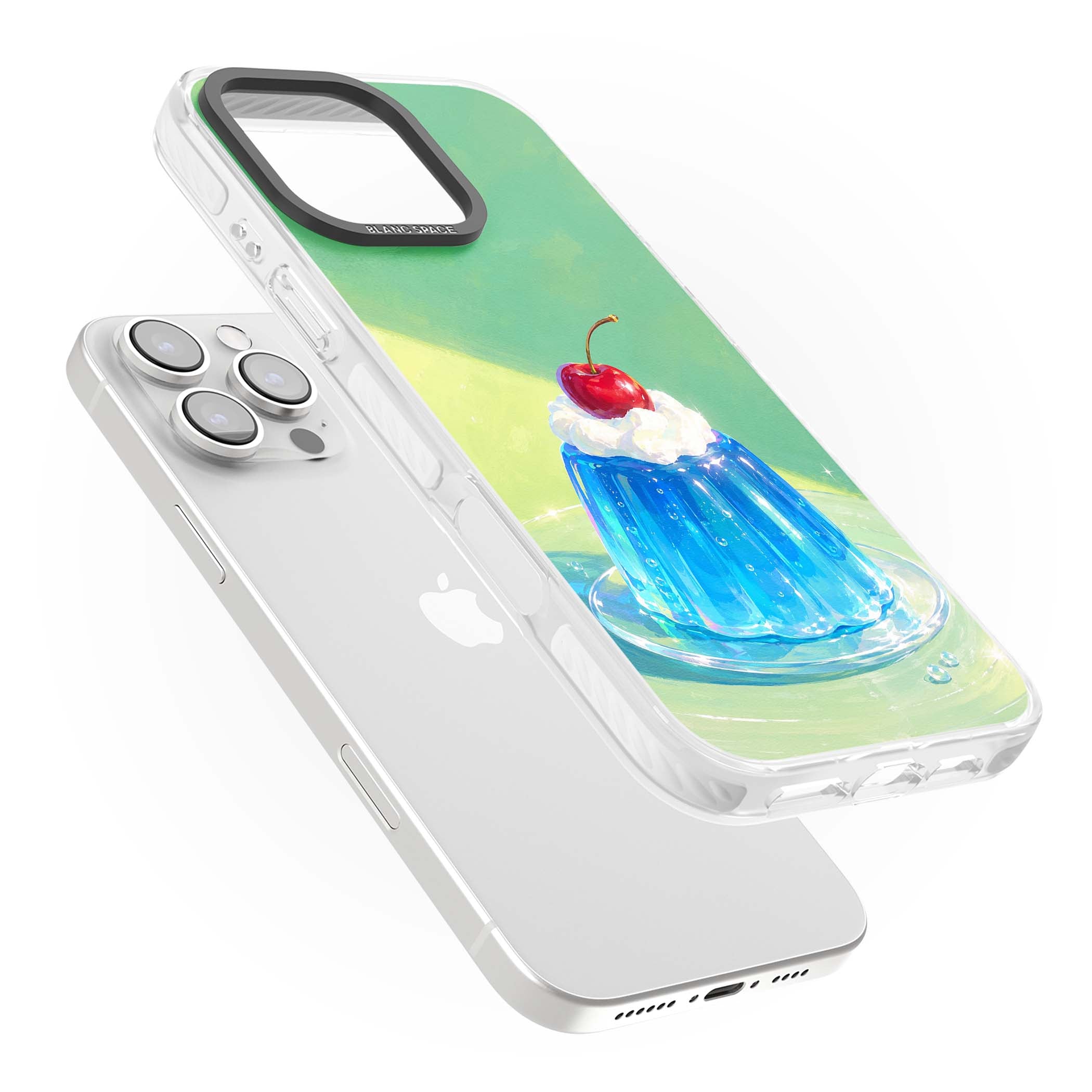 Cherry Jelly kawaii dessert iPhone case featuring blue jelly pudding, whipped cream and a red cherry | Clear Impact case for iPhone 16 Pro, iPhone 16 Pro Max