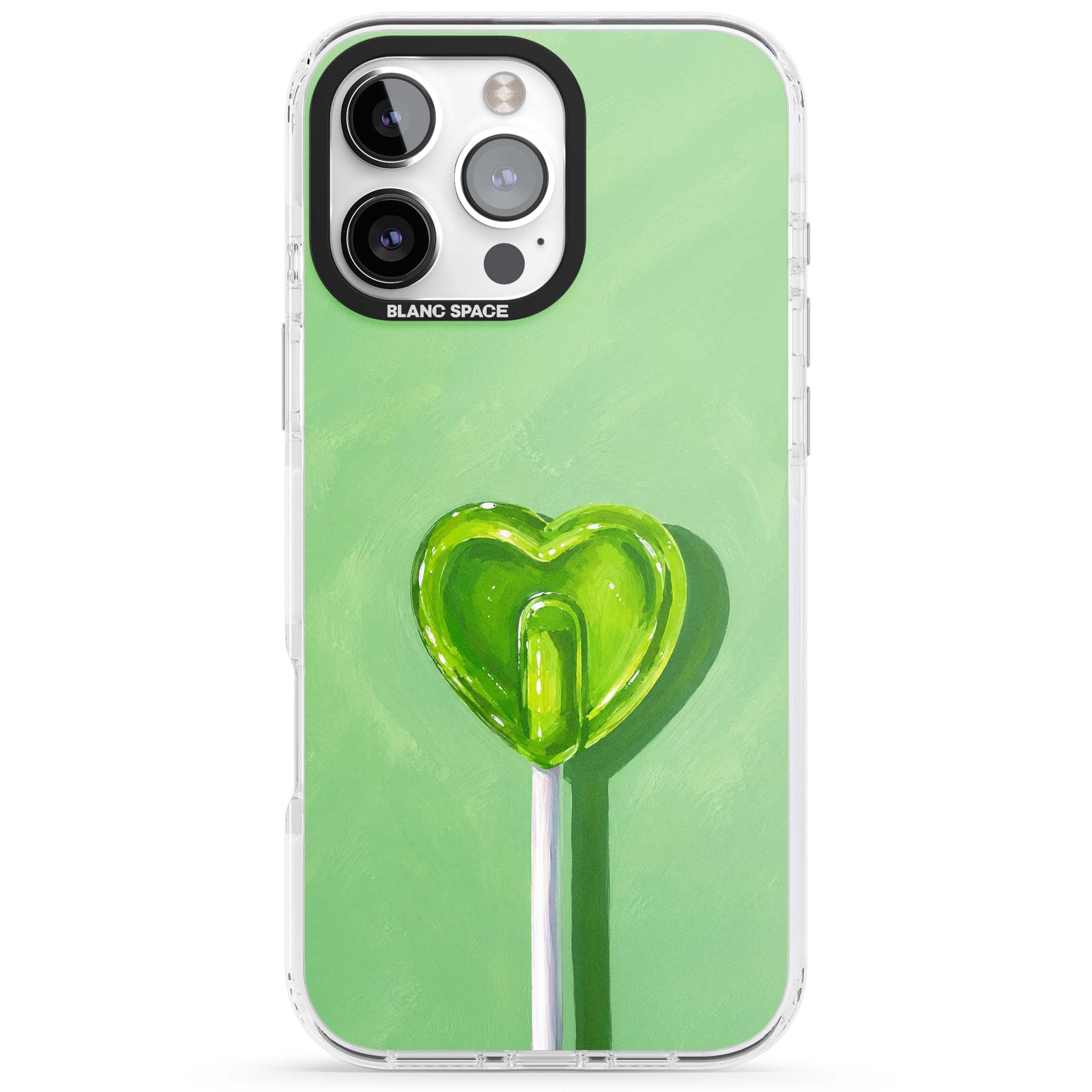 Green Lollipop candy art iPhone case featuring a glossy green heart-shaped lollipop on a painted pastel green background | Clear Impact case for iPhone 16 Pro, iPhone 16 Pro Max