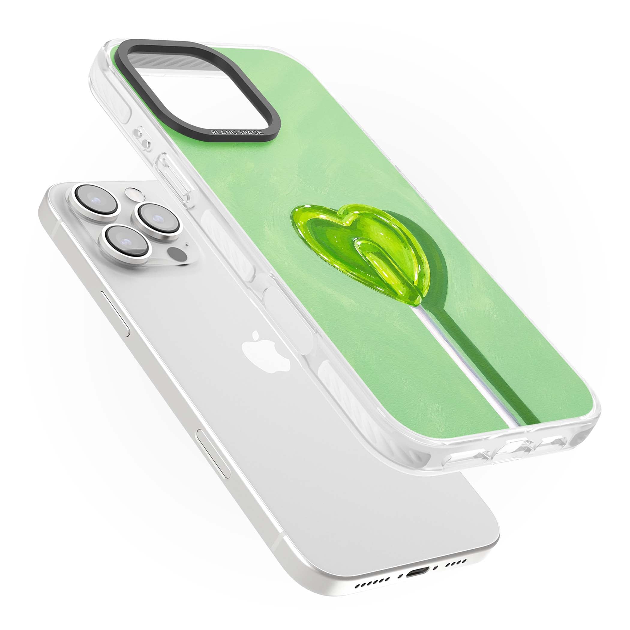 Green Lollipop candy art iPhone case featuring a glossy green heart-shaped lollipop on a painted pastel green background | Clear Impact case for iPhone 16 Pro, iPhone 16 Pro Max