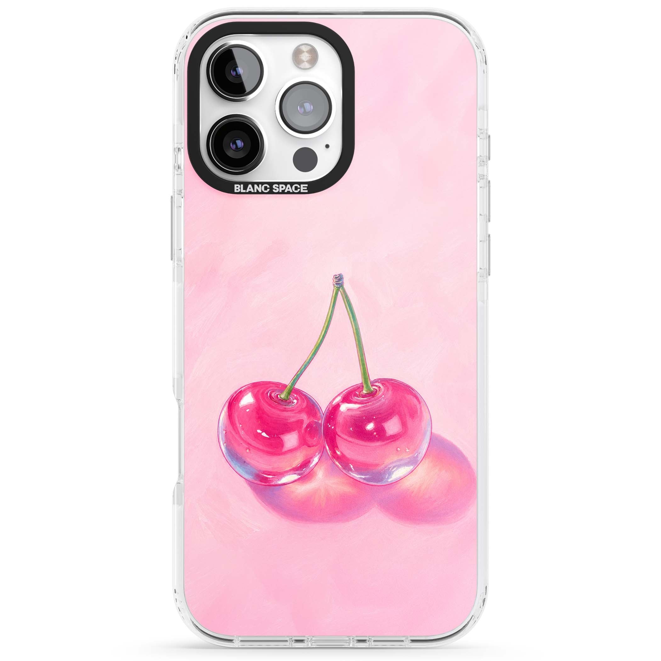 Pink Glass Cherry coquette iPhone case featuring two glossy painted cherries on a soft pink background | Clear Impact case for iPhone 16 Pro, iPhone 16 Pro Max