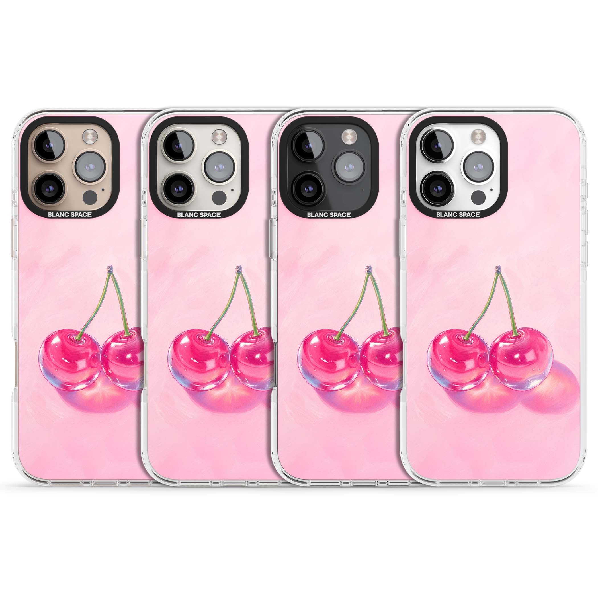 Pink Glass Cherry coquette iPhone case featuring two glossy painted cherries on a soft pink background | Clear Impact case for iPhone 16 Pro, iPhone 16 Pro Max
