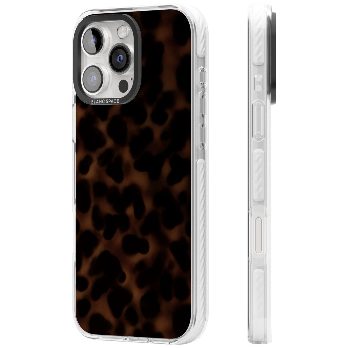 Dark Tortoise Shell old money iPhone case featuring a dark tortoiseshell pattern with amber and black animal print tones iPhone 16 Pro / iPhone 16 Pro Max Impact Clear Phone Case side