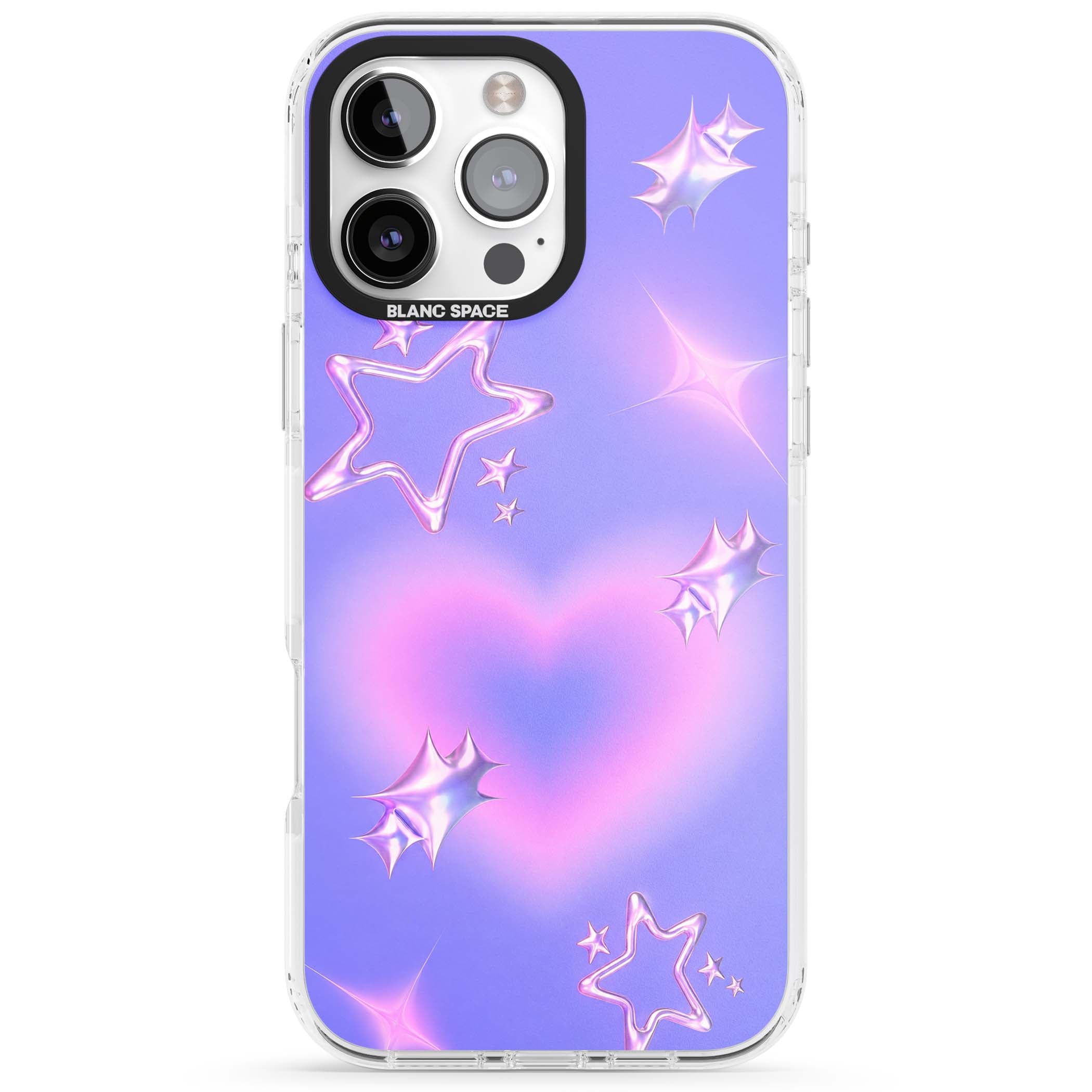 Soft Sugar Y2K iPhone case featuring iridescent chrome hearts, metallic pink stars and a lavender gradient sky | Clear Impact case for iPhone 16 Pro, iPhone 16 Pro Max