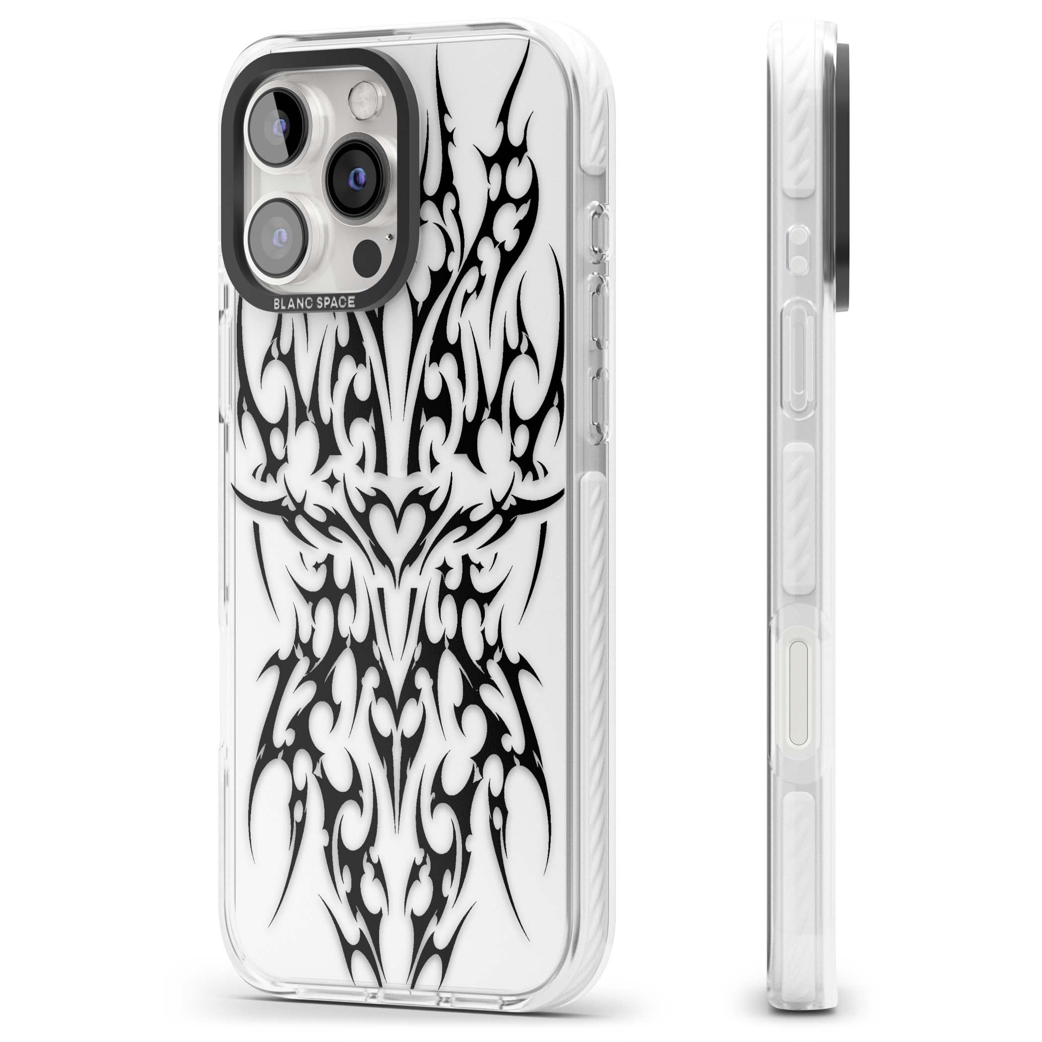 Neo Tribal Heart gothic iPhone case featuring symmetrical black tribal tattoo art with sharp thorn-like linework | Clear Impact case for iPhone 16 Pro, iPhone 16 Pro Max