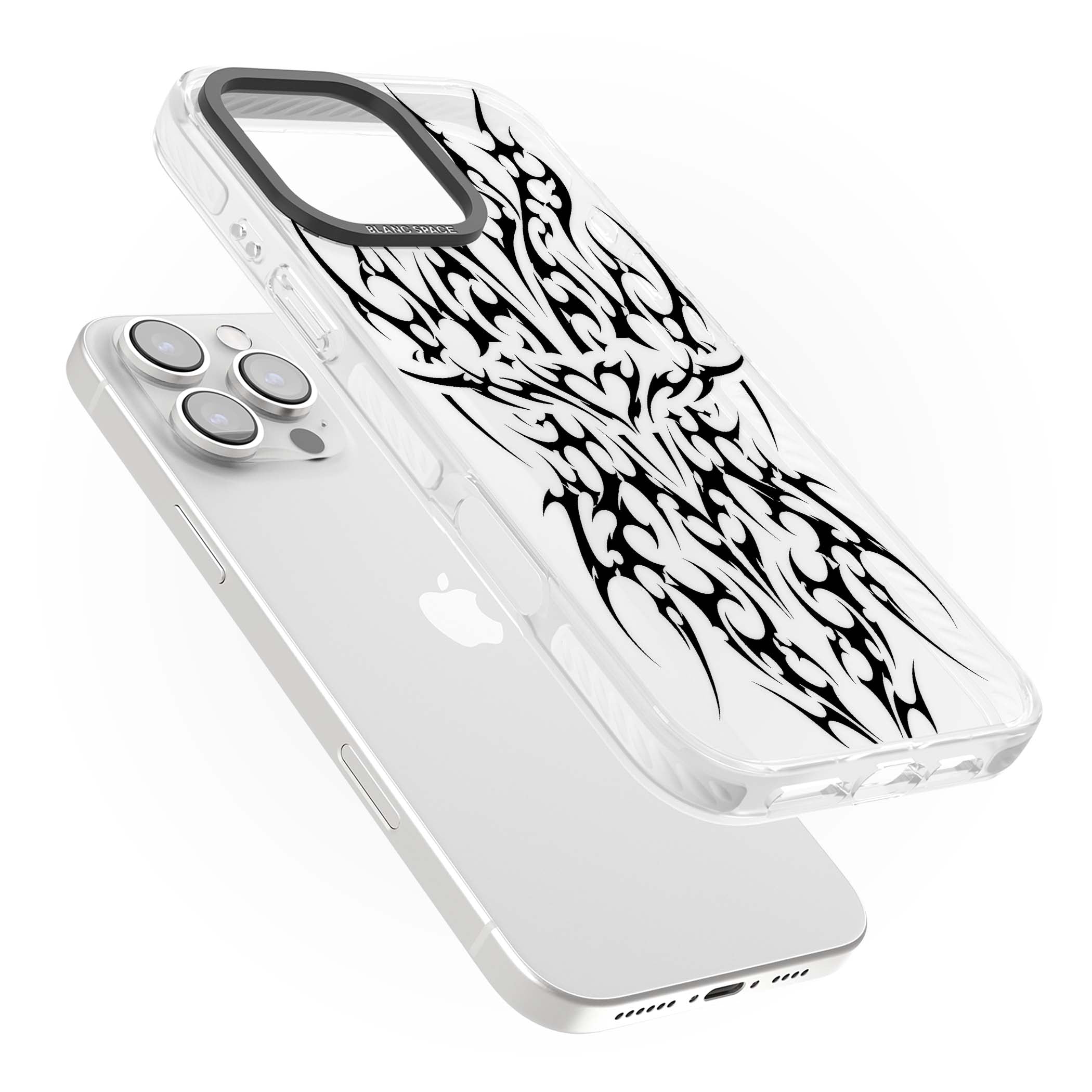 Neo Tribal Heart gothic iPhone case featuring symmetrical black tribal tattoo art with sharp thorn-like linework | Clear Impact case for iPhone 16 Pro, iPhone 16 Pro Max