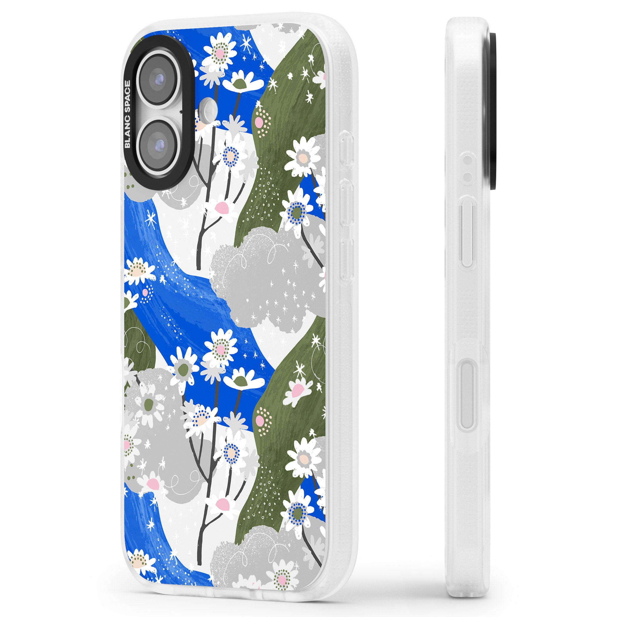 Blue & Grey Daisies Pattern iPhone 17 Impact Air Clear Phone Case Side Profile