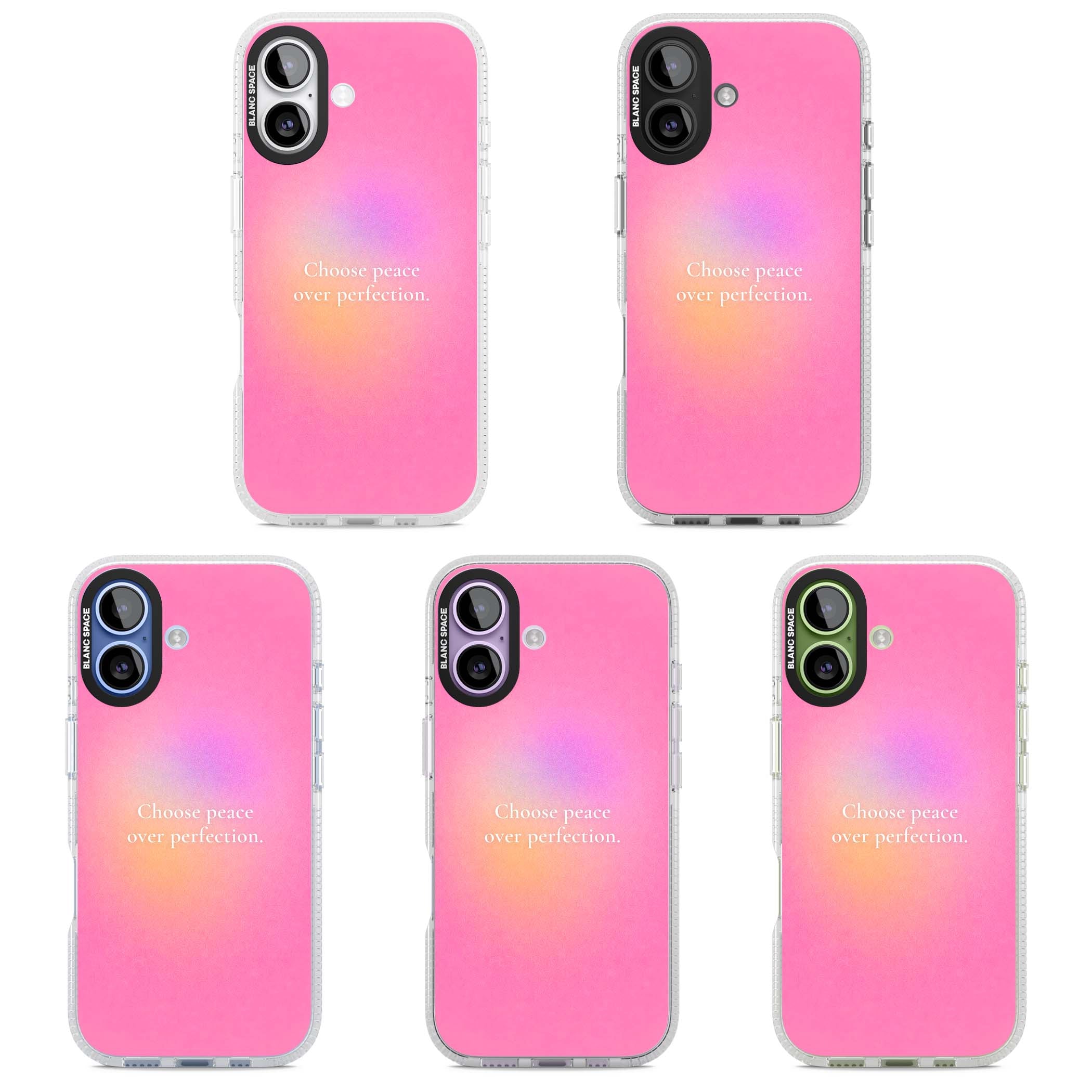 Peace Over Perfection quote iPhone case featuring a dreamy pink aura gradient and delicate white affirmation text | Clear Case Impact Air case for iPhone 17