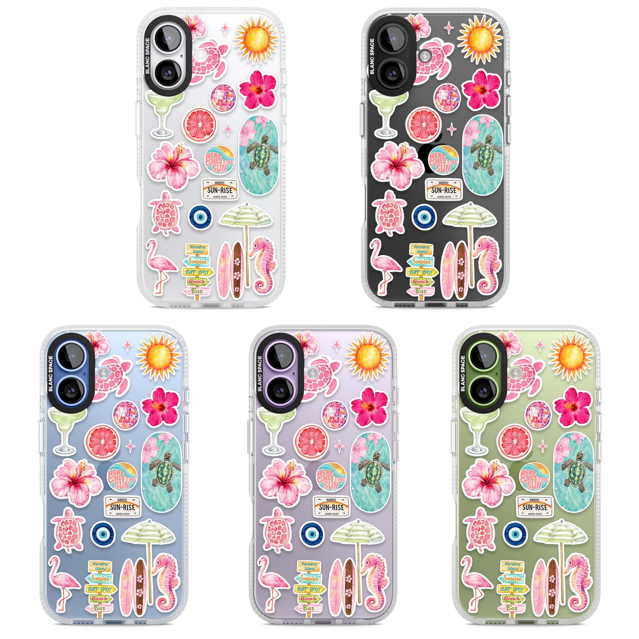 Aloha Sticker Mix tropical summer iPhone case featuring pink hibiscus, sea turtles, flamingo and beach umbrella stickers | Clear Case Impact Air case for iPhone 17