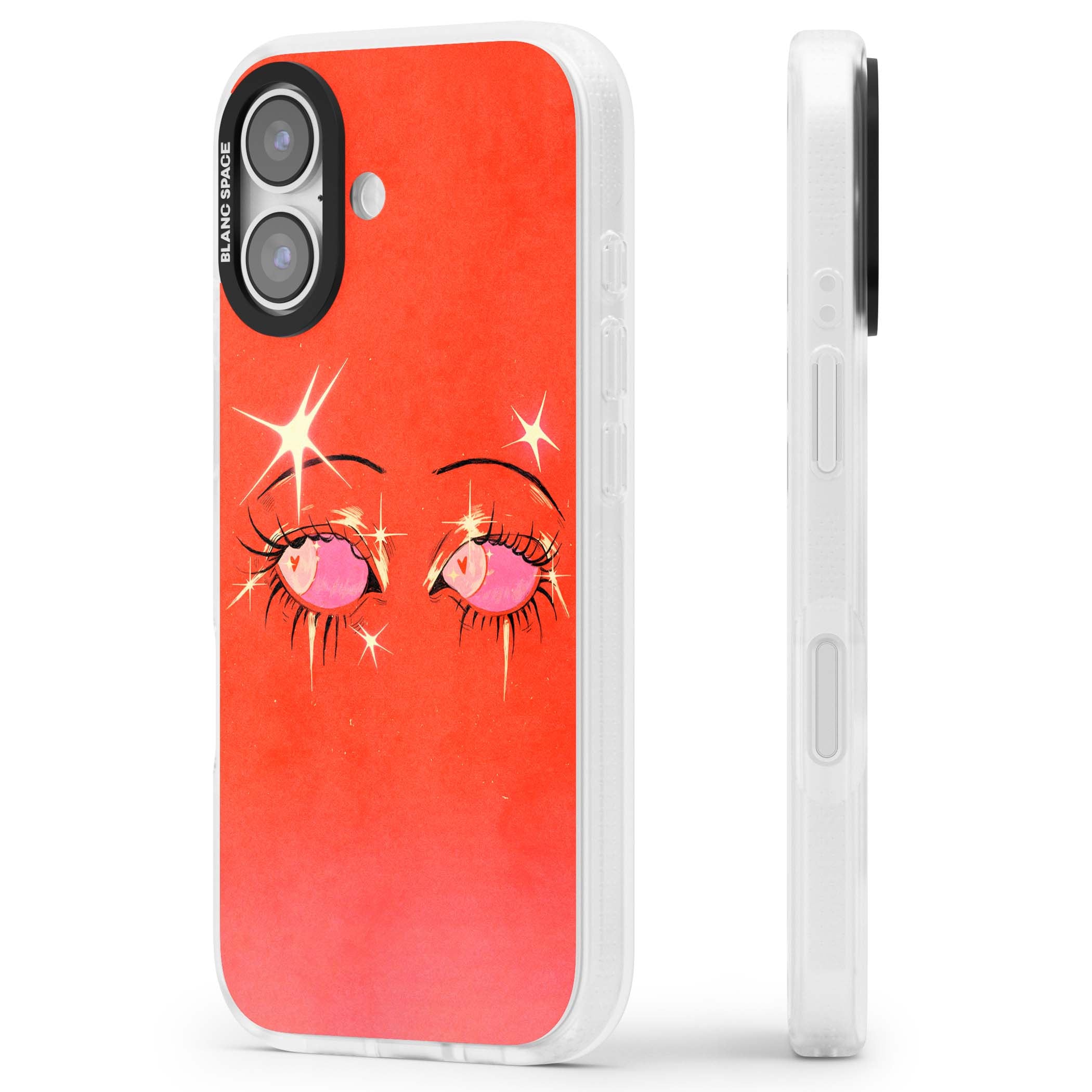 Pink Ethereal Eyes anime iPhone case featuring hand-drawn sparkly eyes with pink hearts and gold stars on red | Clear Case Impact Air case for iPhone 17