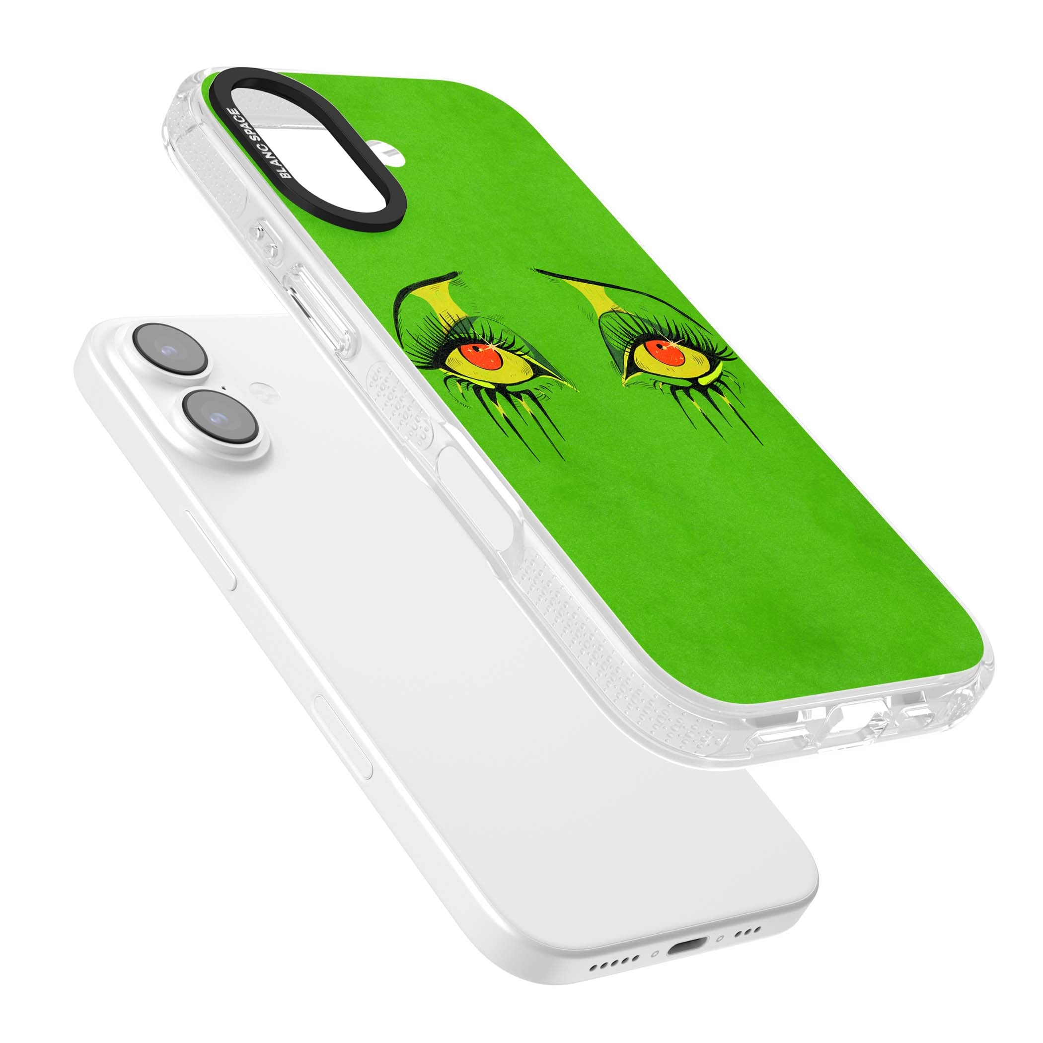 Green Enchanted Eyes psychedelic art iPhone case featuring hand-drawn dripping eyes on neon green background | Clear Case Impact Air case for iPhone 17