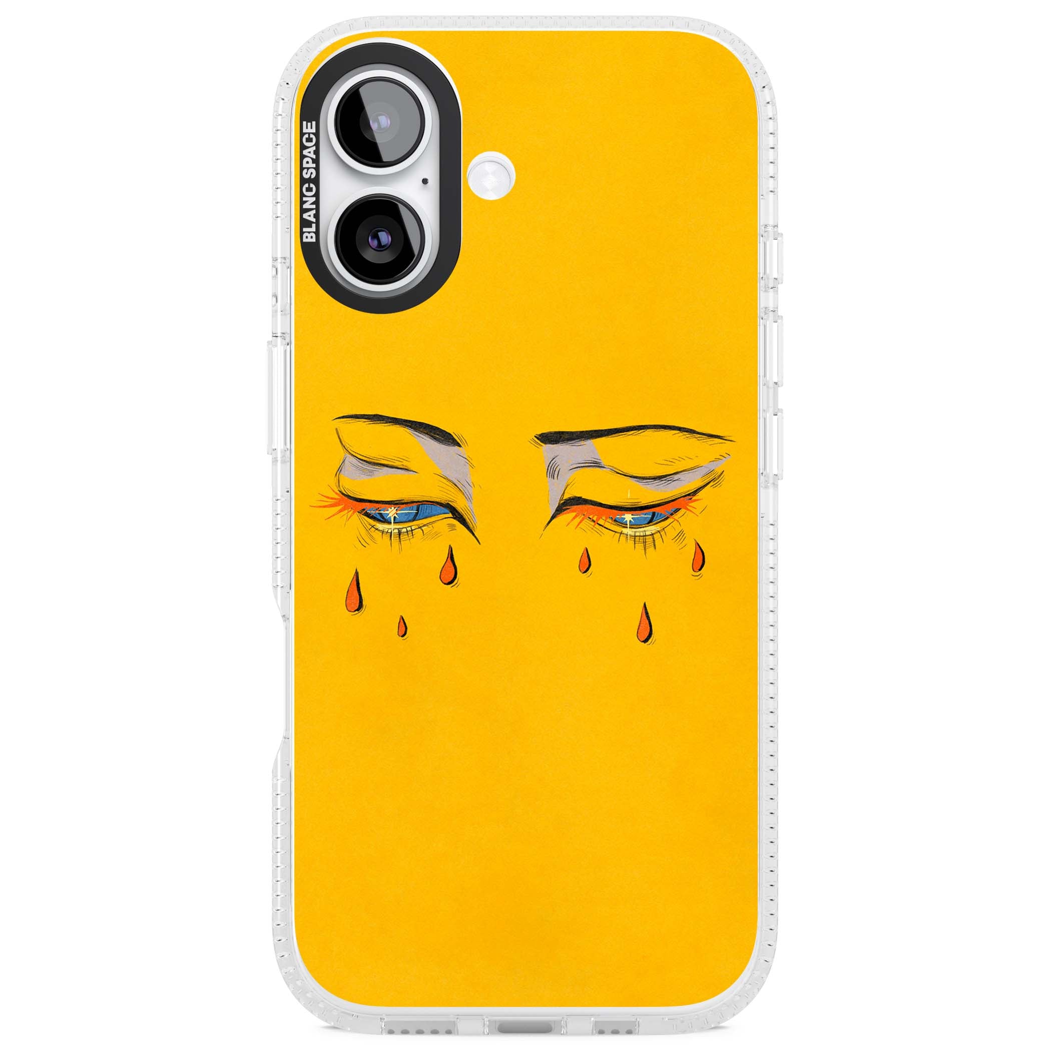 Yellow Tearful Eyes indie iPhone case featuring hand-drawn crying eyes with orange tears on a yellow background | Clear Case Impact Air case for iPhone 17