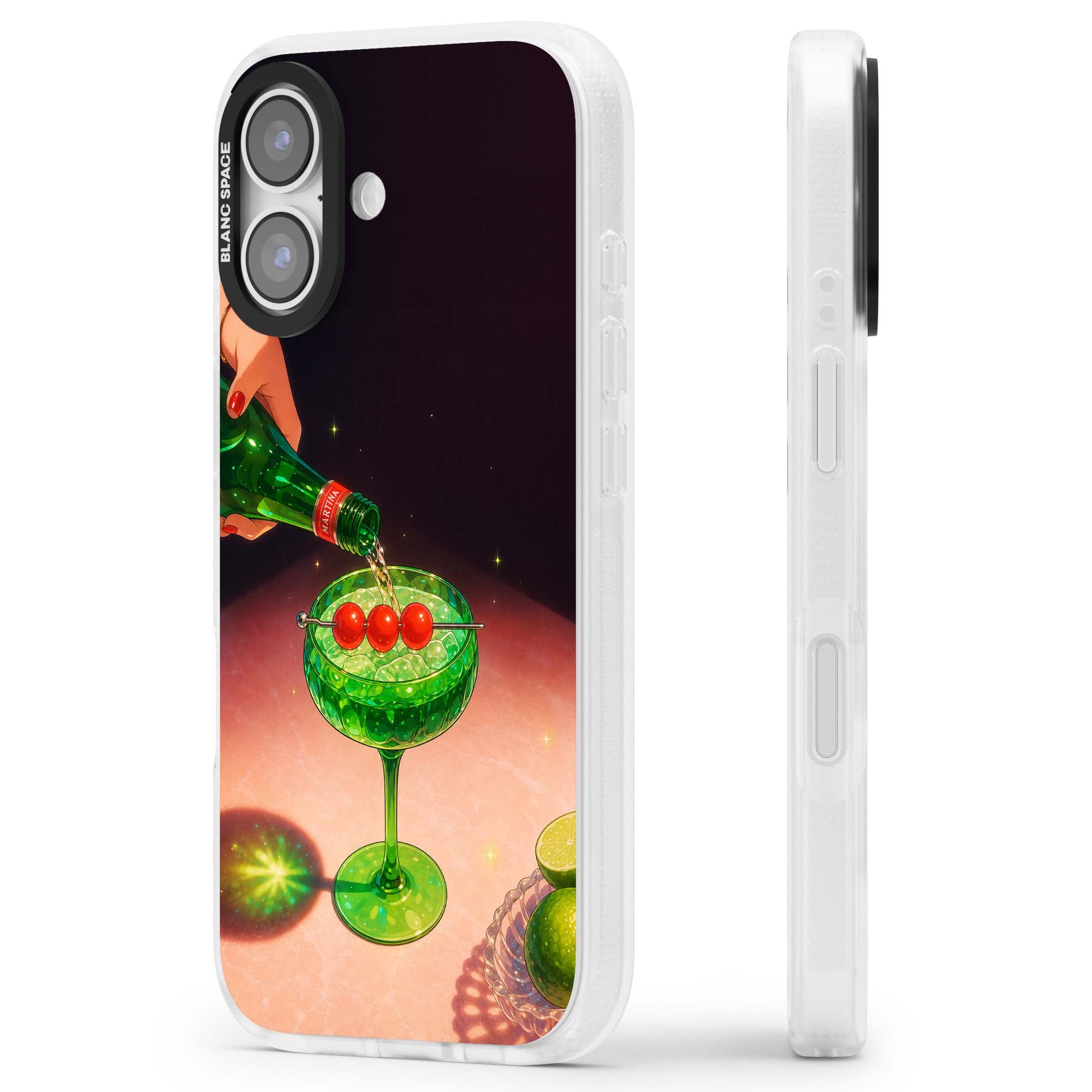 Absinthe Hour cocktail iPhone case featuring a green coupe glass, cherry garnish and vintage bottle pour illustration | Clear Case Impact Air case for iPhone 17