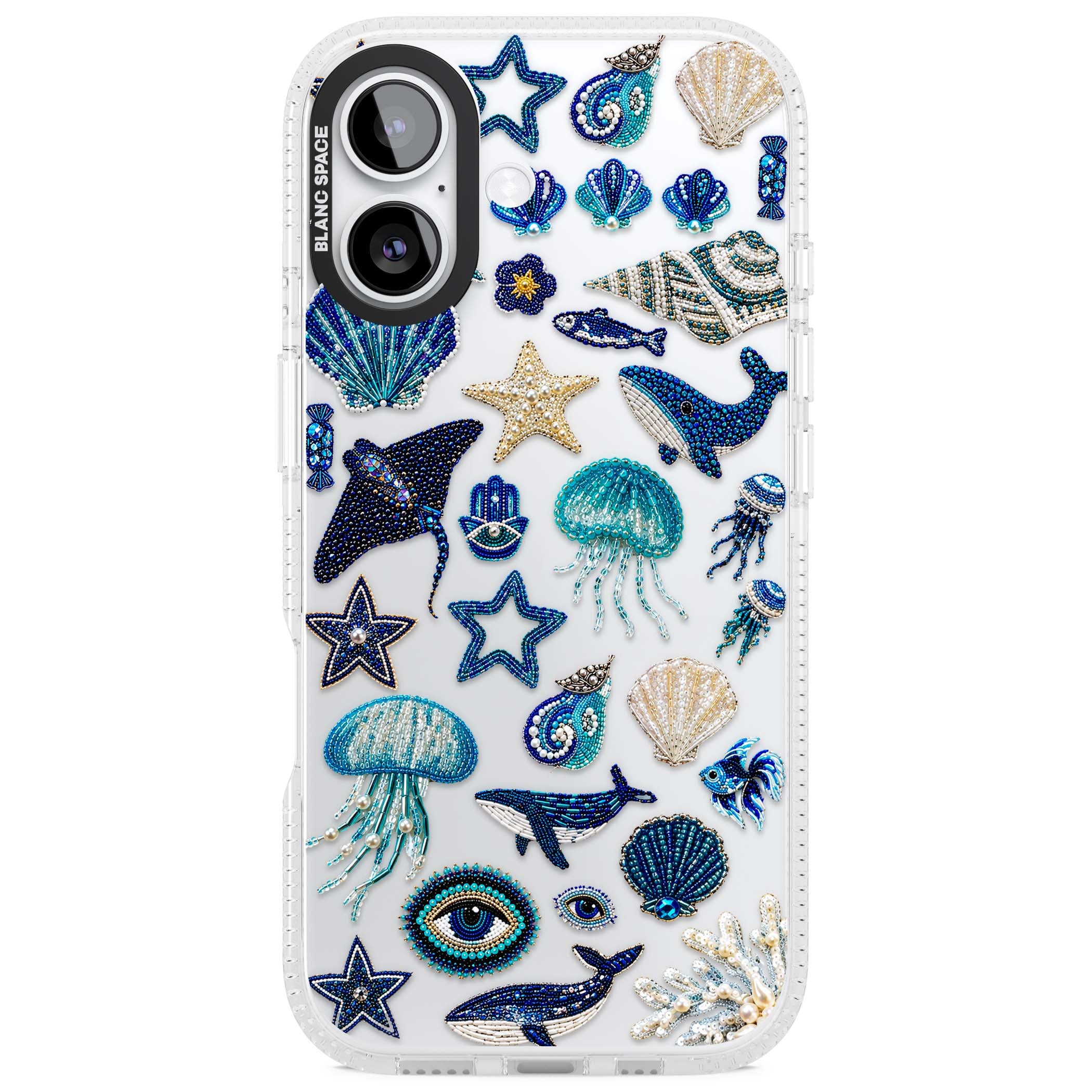 Beaded Coastal coastal iPhone case featuring embroidered seashells, jellyfish and a blue whale on clear | Clear Case Impact Air case for iPhone 17