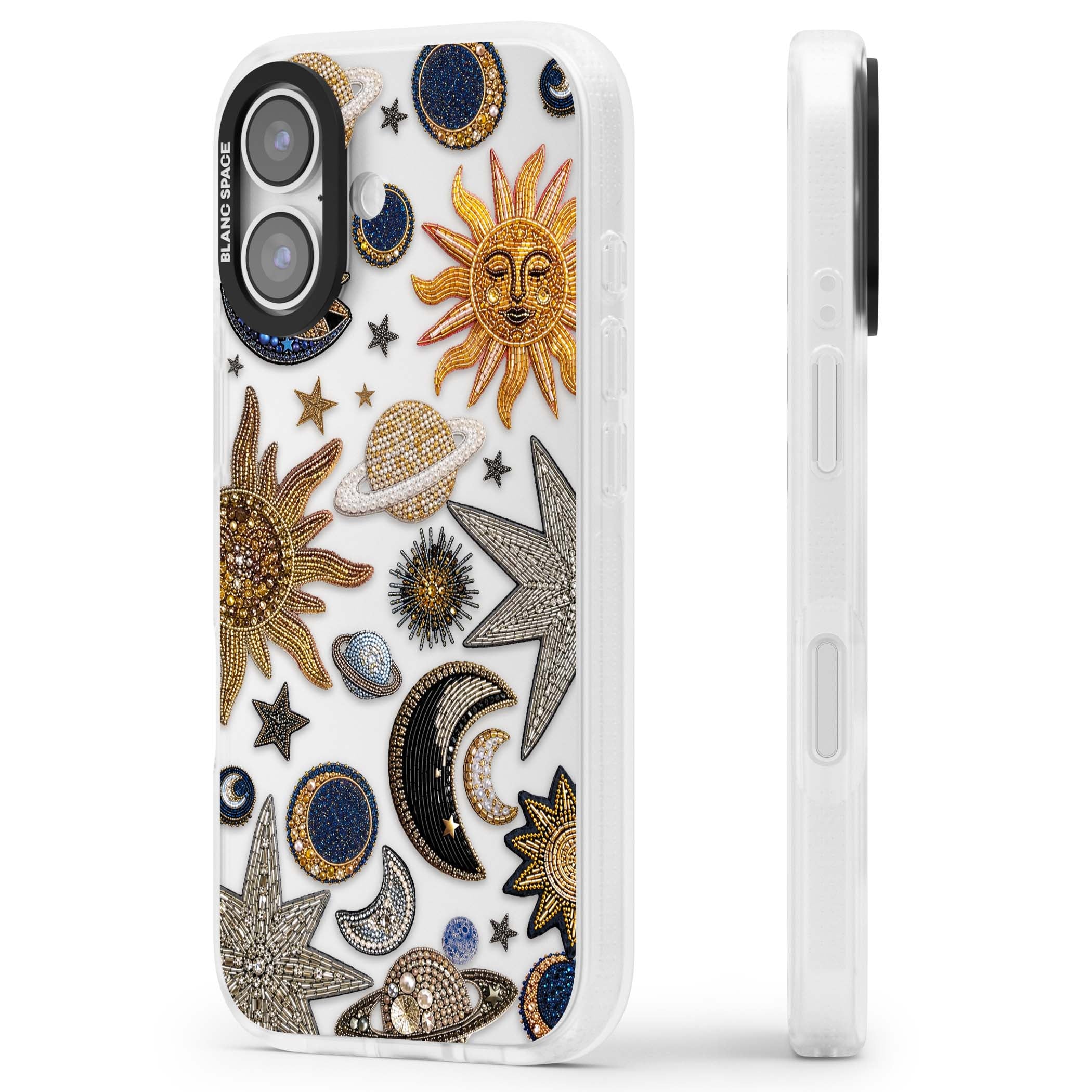 Beaded Cosmos celestial iPhone case featuring embroidered golden suns, beaded planets and silver shooting stars | Clear Case Impact Air case for iPhone 17