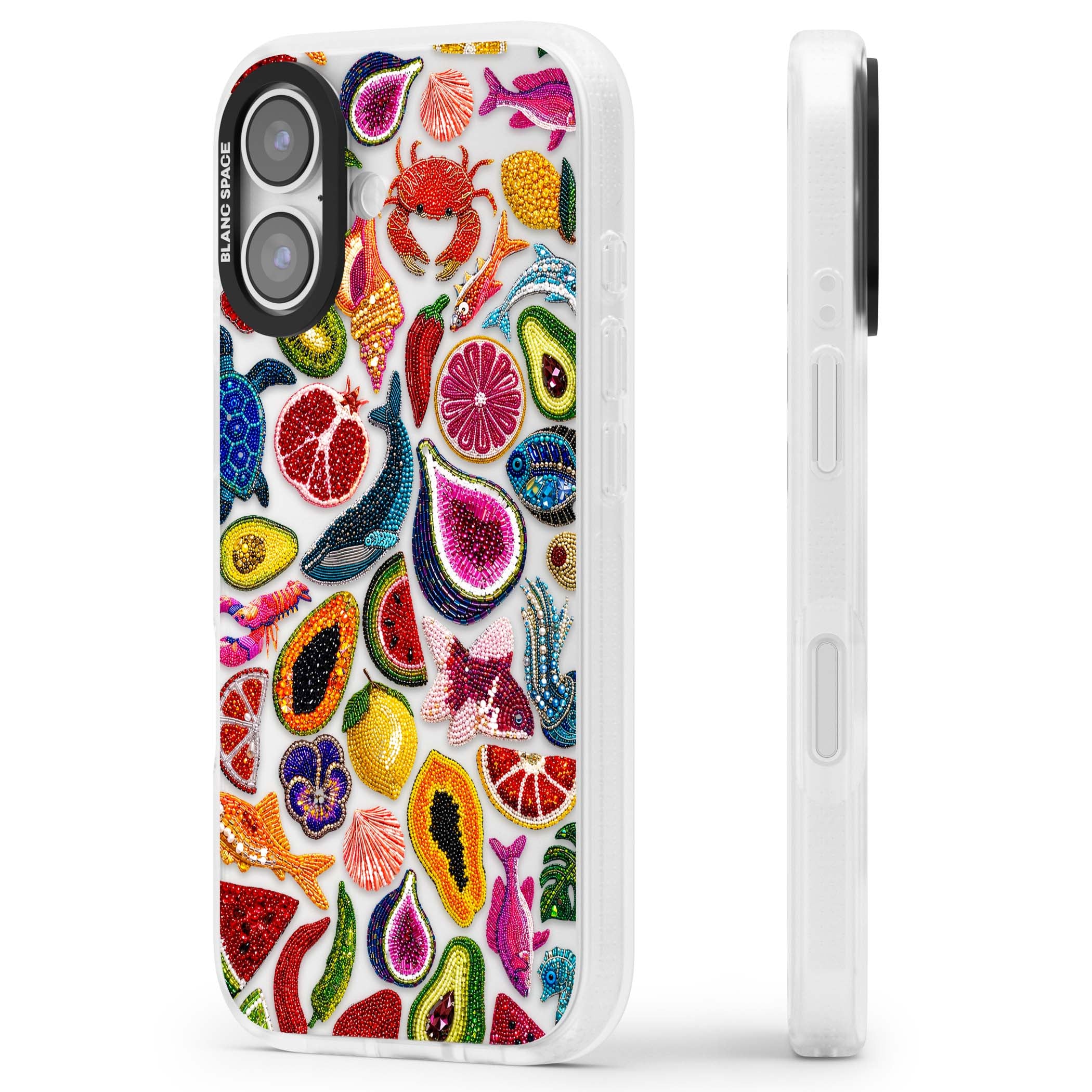 Beaded Tropic tropical iPhone case featuring beaded fruit, fish, crabs and seashells in vibrant colour | Clear Case Impact Air case for iPhone 17