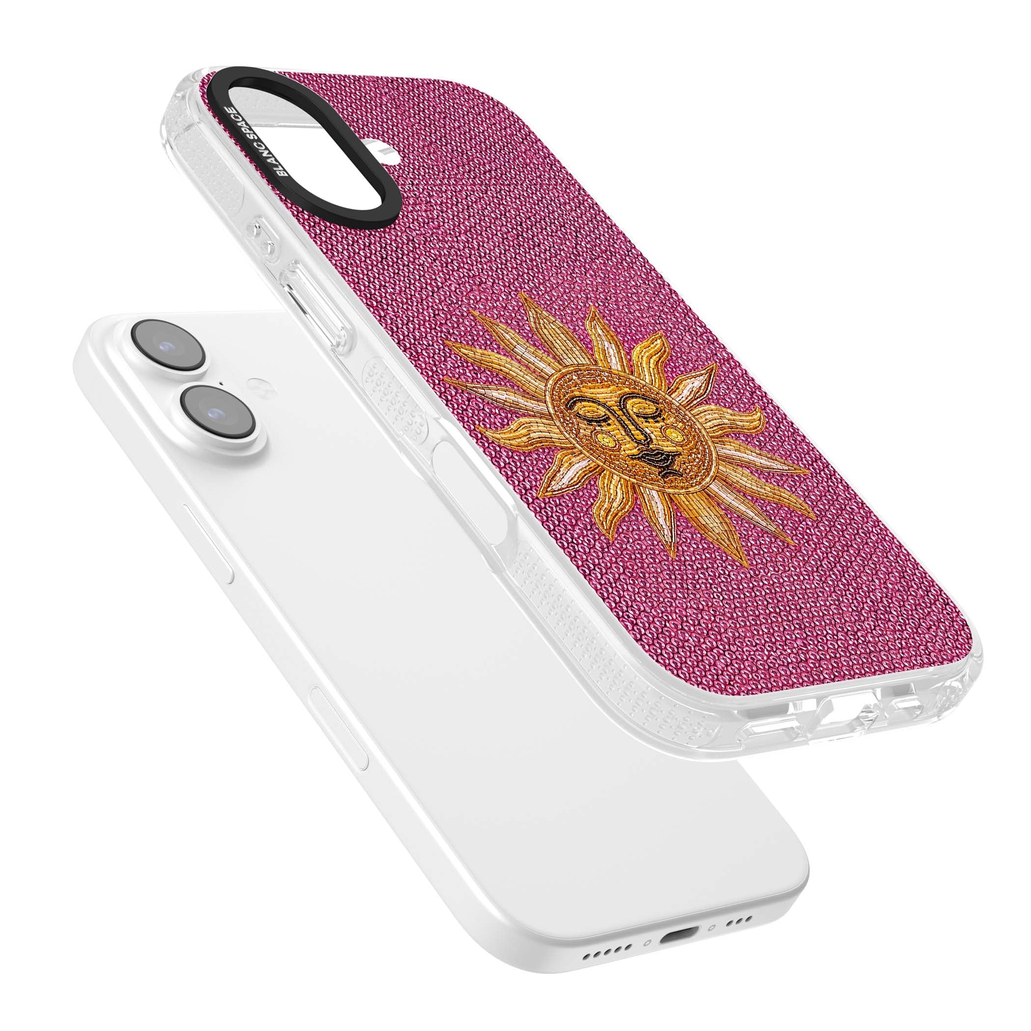 Beaded Sun celestial iPhone case featuring a golden beaded sun face with radiant rays on hot pink beaded background | Clear Case Impact Air case for iPhone 17