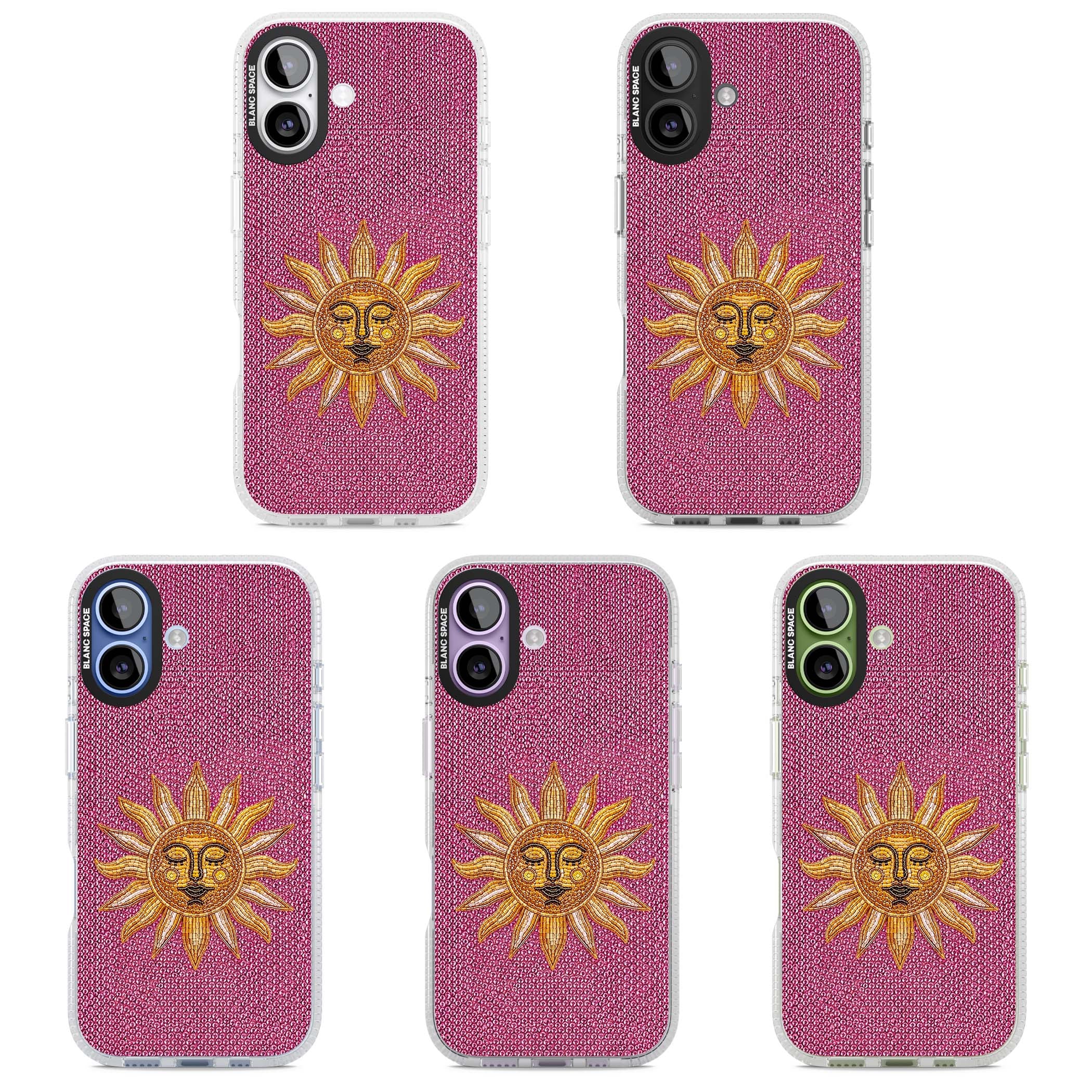 Beaded Sun celestial iPhone case featuring a golden beaded sun face with radiant rays on hot pink beaded background | Clear Case Impact Air case for iPhone 17