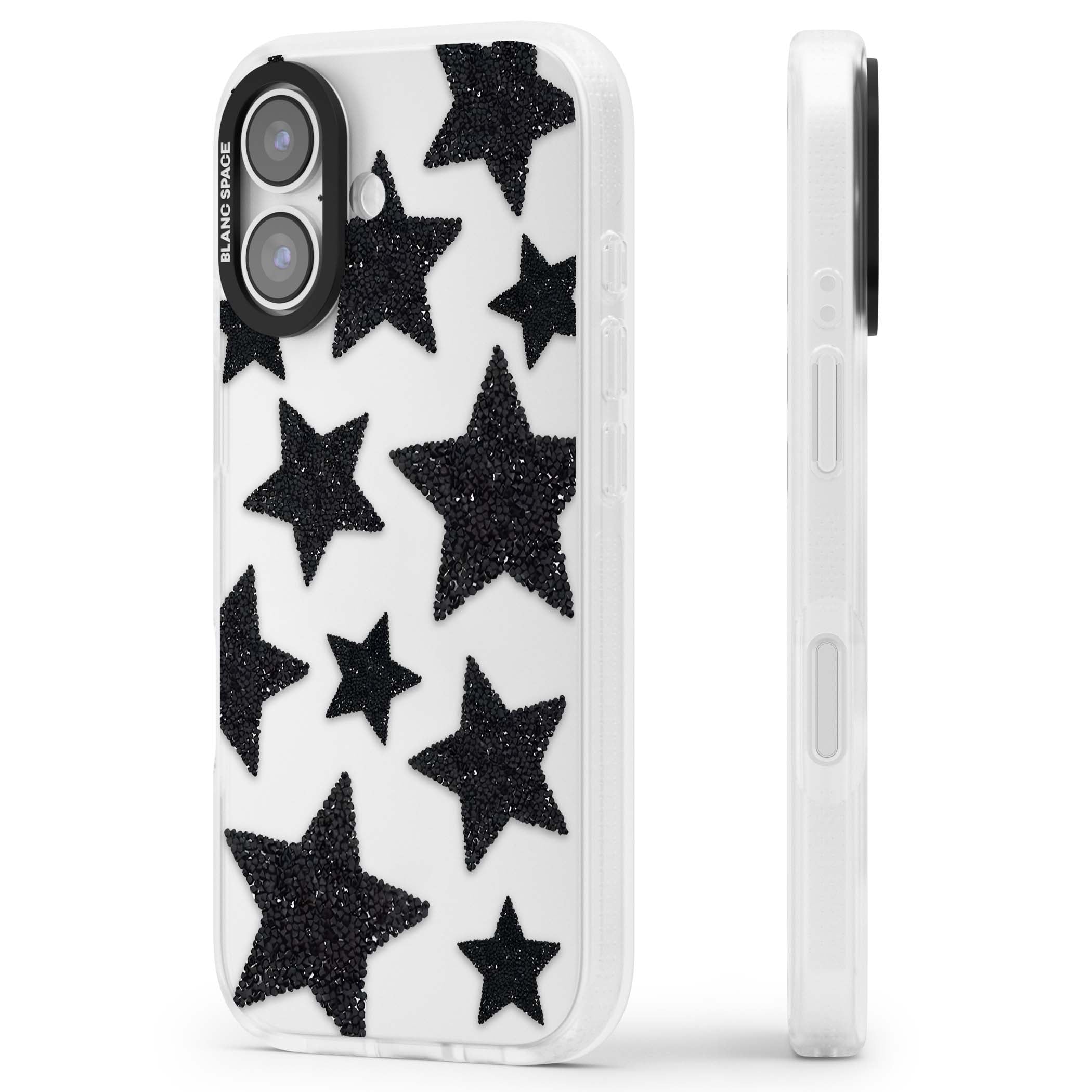 Beaded Black Stars celestial iPhone case featuring black glitter beaded stars scattered on a clear background | Clear Case Impact Air case for iPhone 17