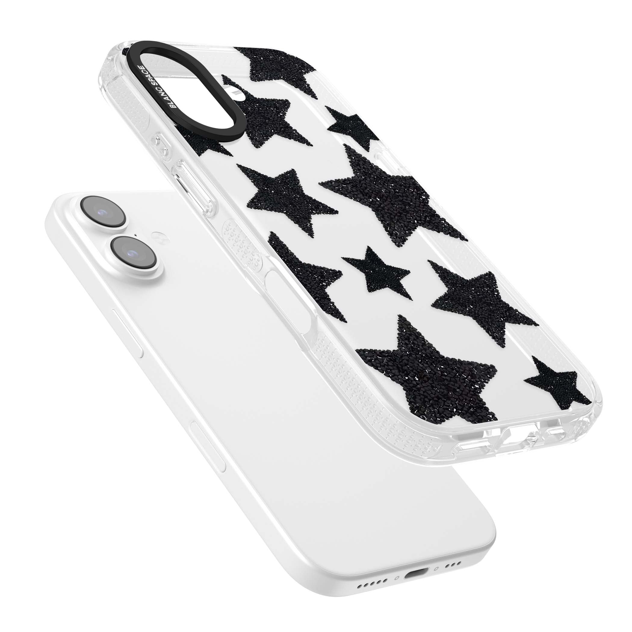 Beaded Black Stars celestial iPhone case featuring black glitter beaded stars scattered on a clear background | Clear Case Impact Air case for iPhone 17