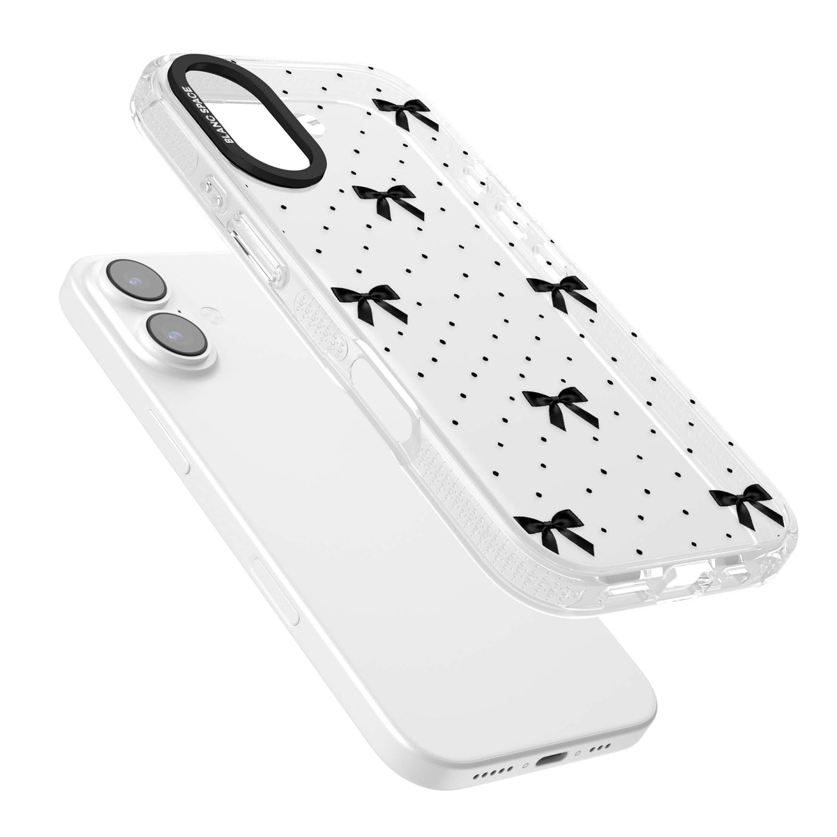Black Polka Bows coquette iPhone case featuring scattered black satin bows and tiny polka dots on a clear base | Clear Case Impact Air case for iPhone 17