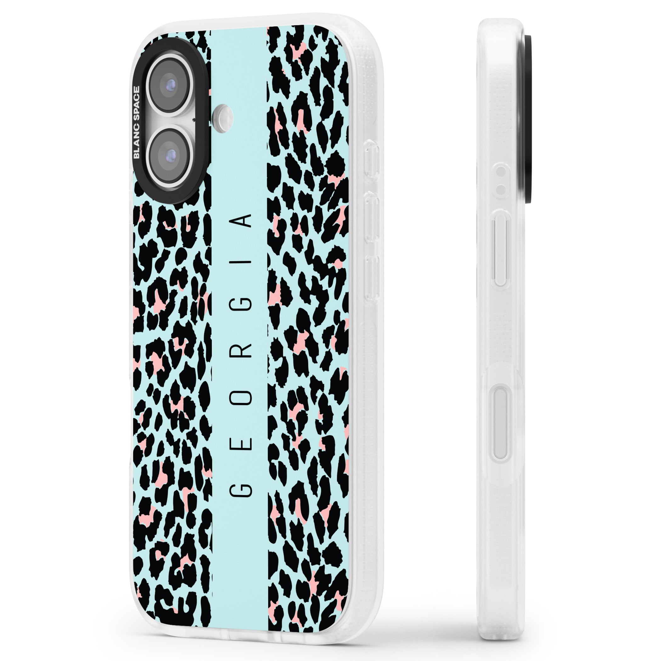 Personalised Blue Leopard iPhone 17 Impact Air Clear Phone Case Side Profile