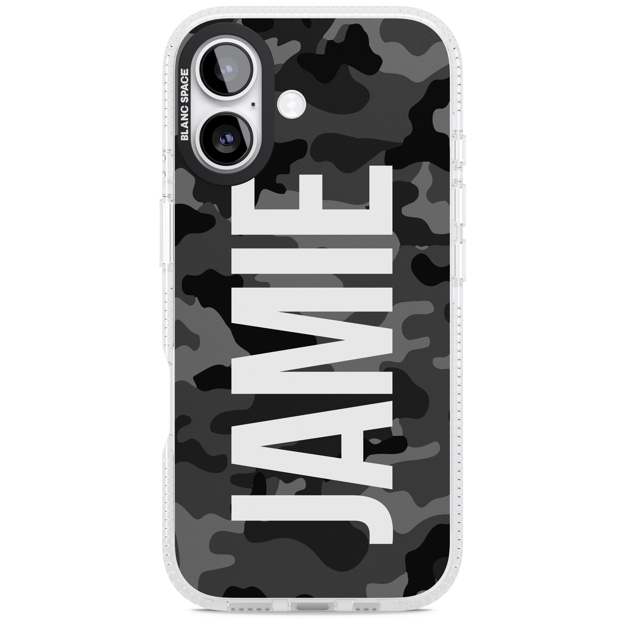 Personalised Black Camo Name Vertical iPhone 17 Impact Air Clear Phone Case