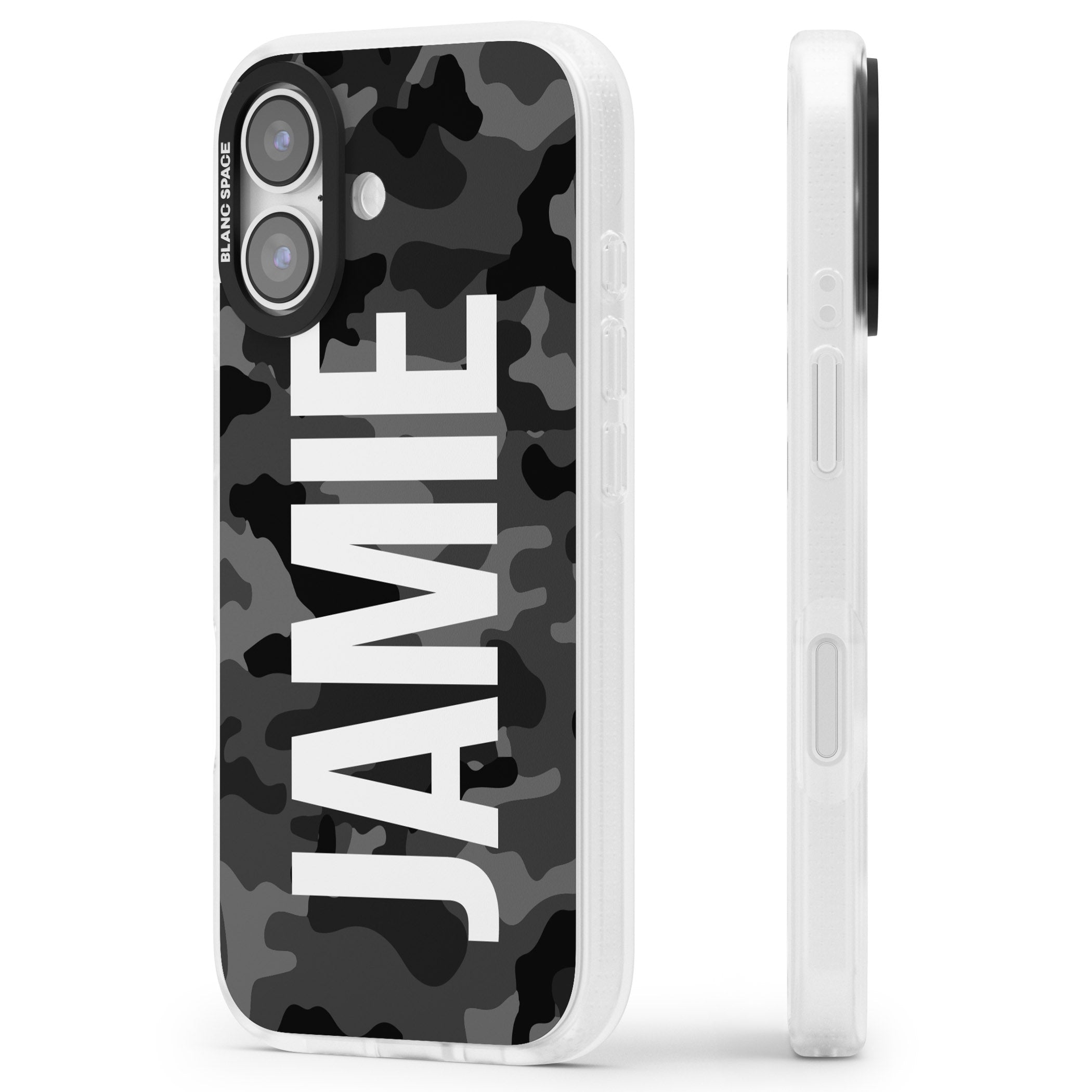 Personalised Black Camo Name Vertical iPhone 17 Impact Air Clear Phone Case Side Profile