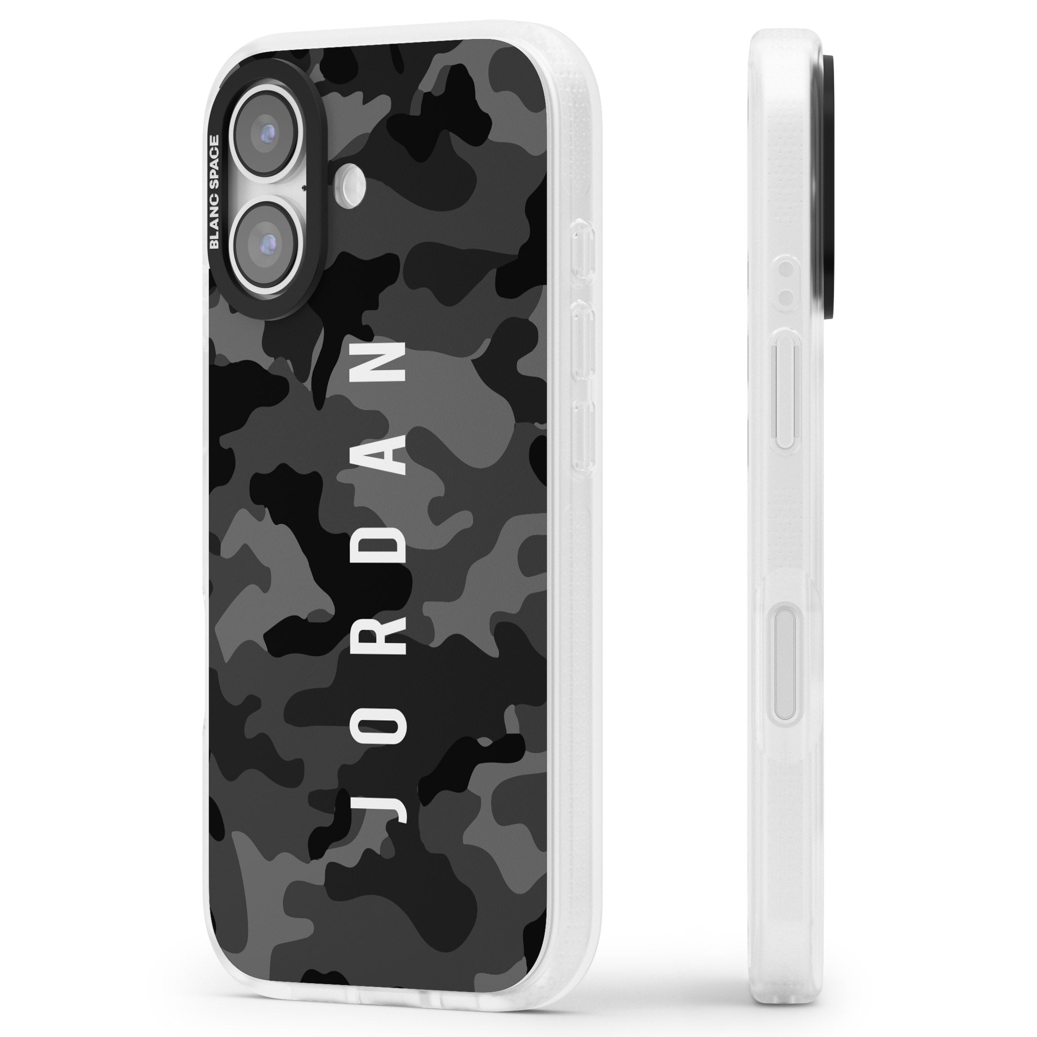 Personalised Black Camouflage Name iPhone 17 Impact Air Clear Phone Case Side Profile