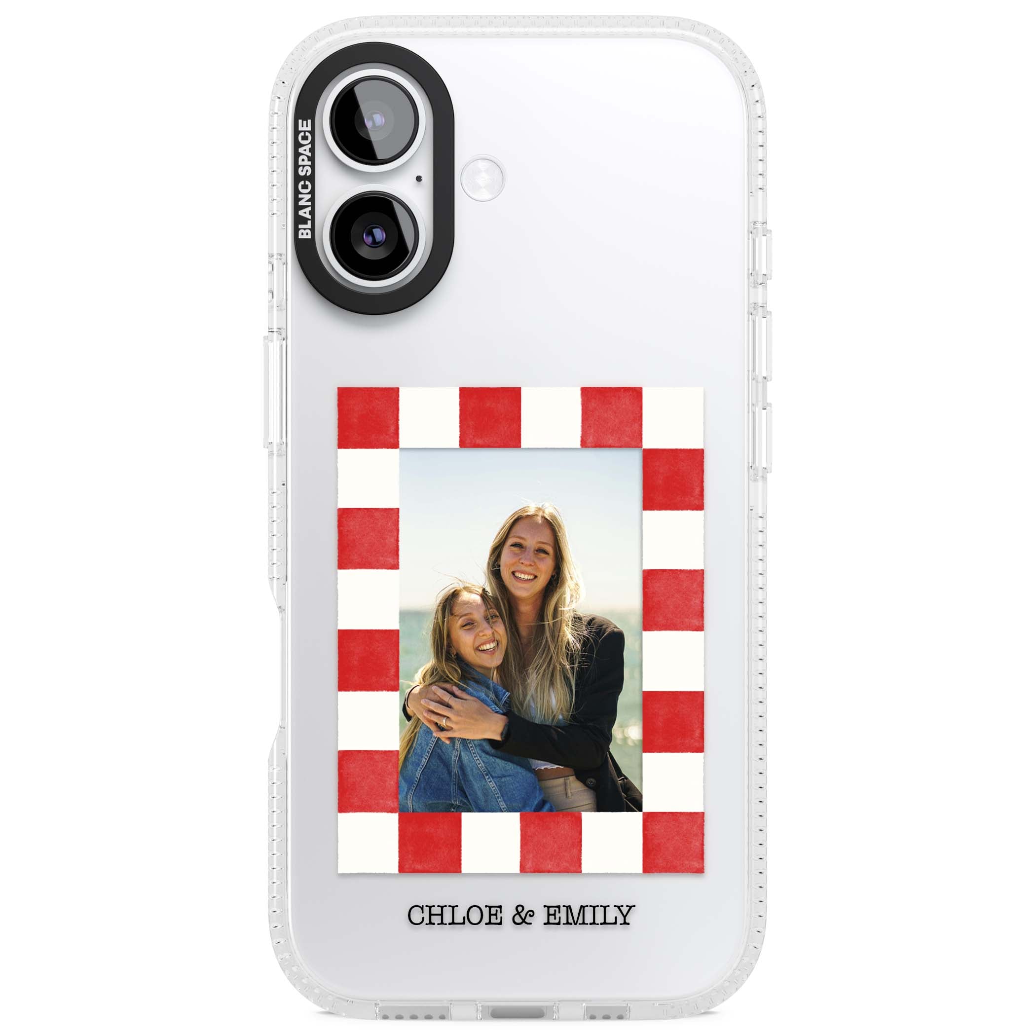 Red Check Photo personalised photo iPhone case with red and white checkered polaroid frame and custom couple name | Clear Case Impact Air case for iPhone 17