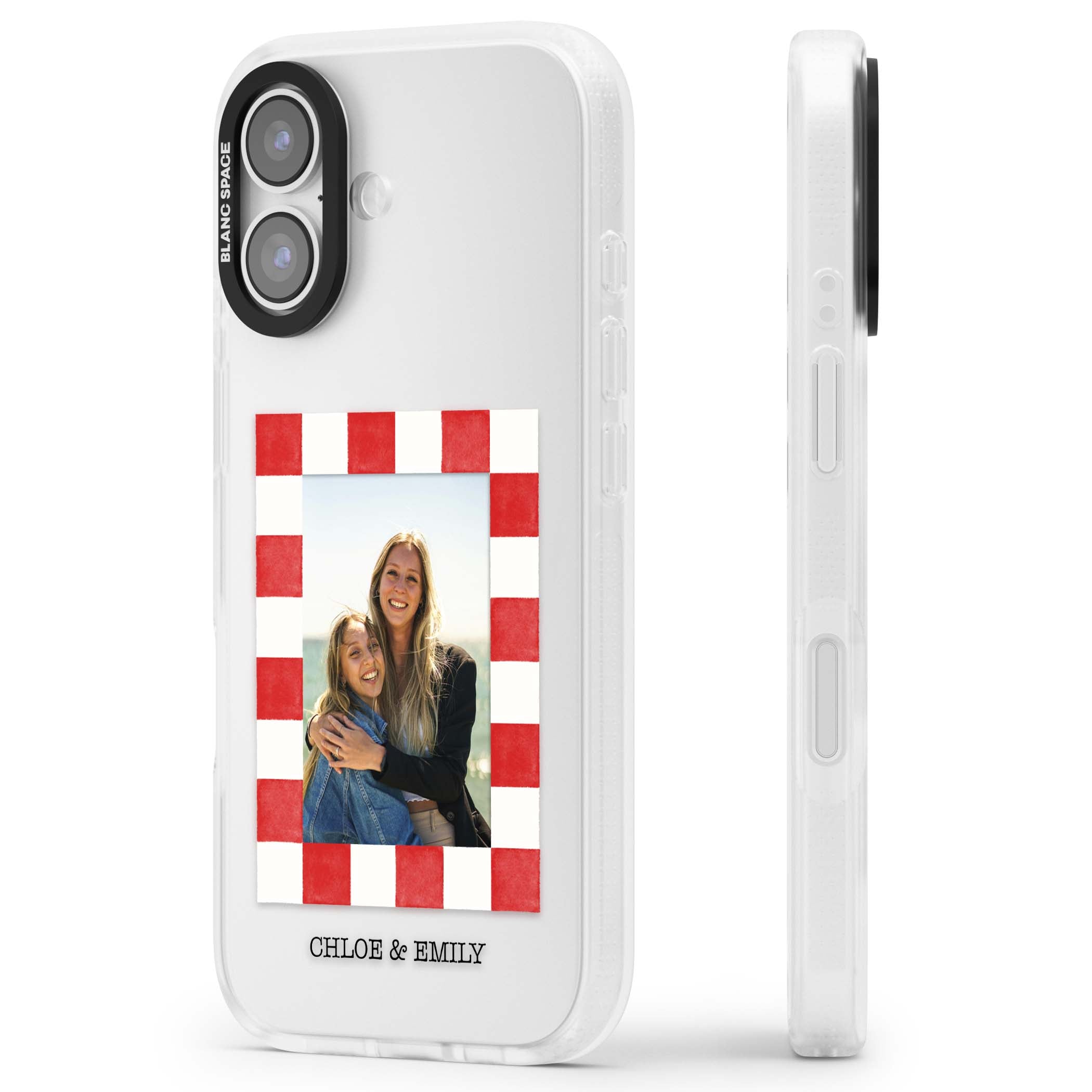 Red Check Photo personalised photo iPhone case with red and white checkered polaroid frame and custom couple name | Clear Case Impact Air case for iPhone 17