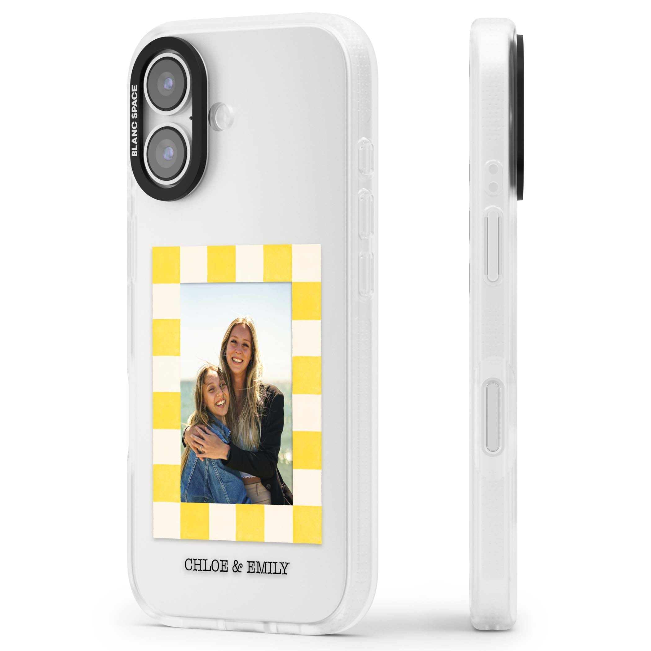 Yellow Check Photo personalised iPhone case with yellow checkered Polaroid frame and custom names beneath | Clear Case Impact Air case for iPhone 17