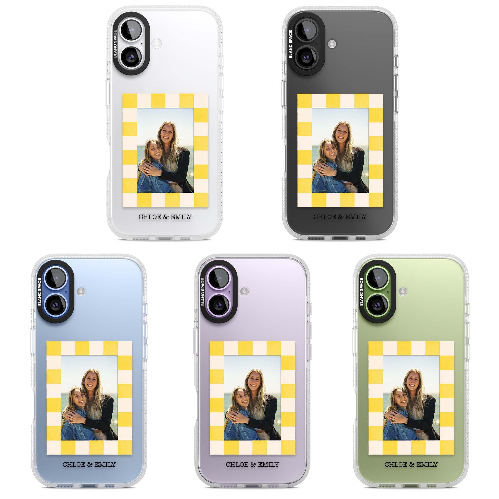 Yellow Check Photo personalised iPhone case with yellow checkered Polaroid frame and custom names beneath | Clear Case Impact Air case for iPhone 17
