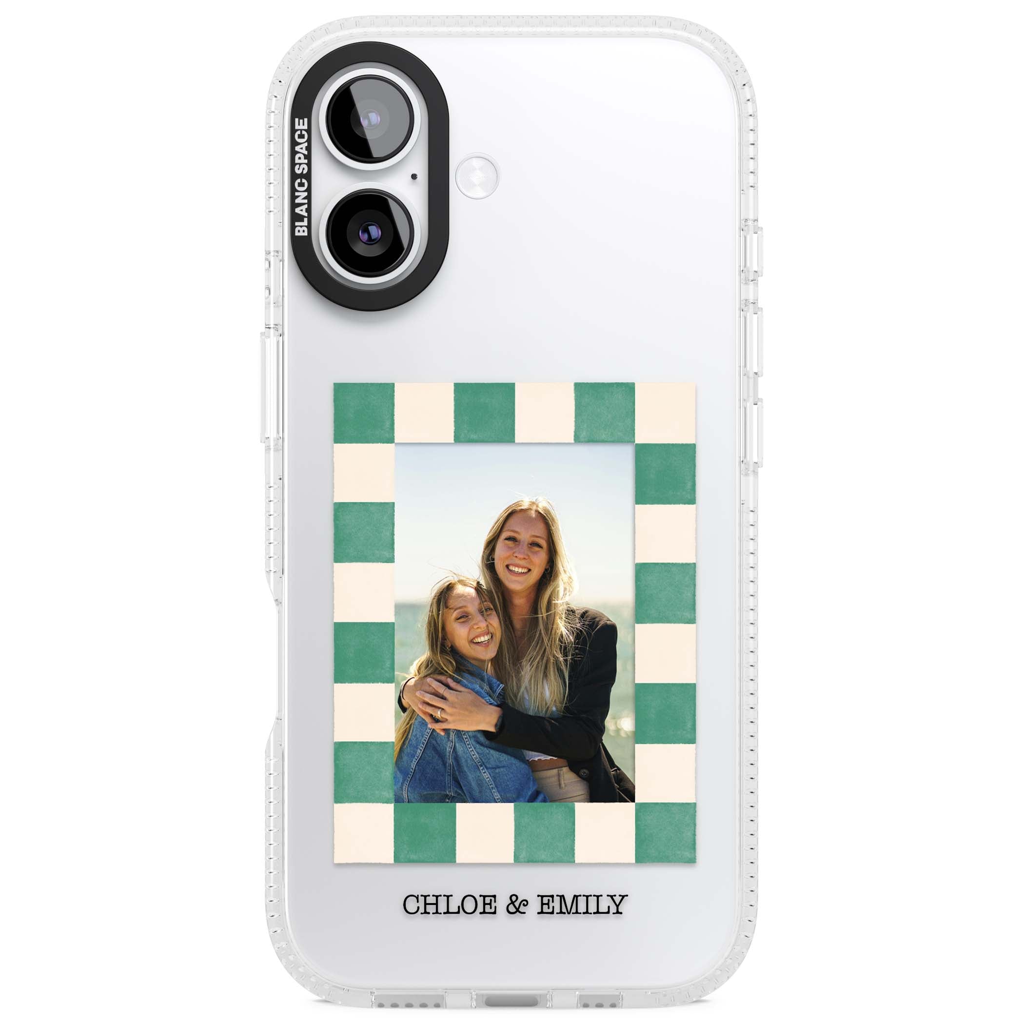 Seafoam Check Photo personalised iPhone case featuring a custom polaroid photo, green and cream checkered frame, and custom n | Clear Case Impact Air case for iPhone 17