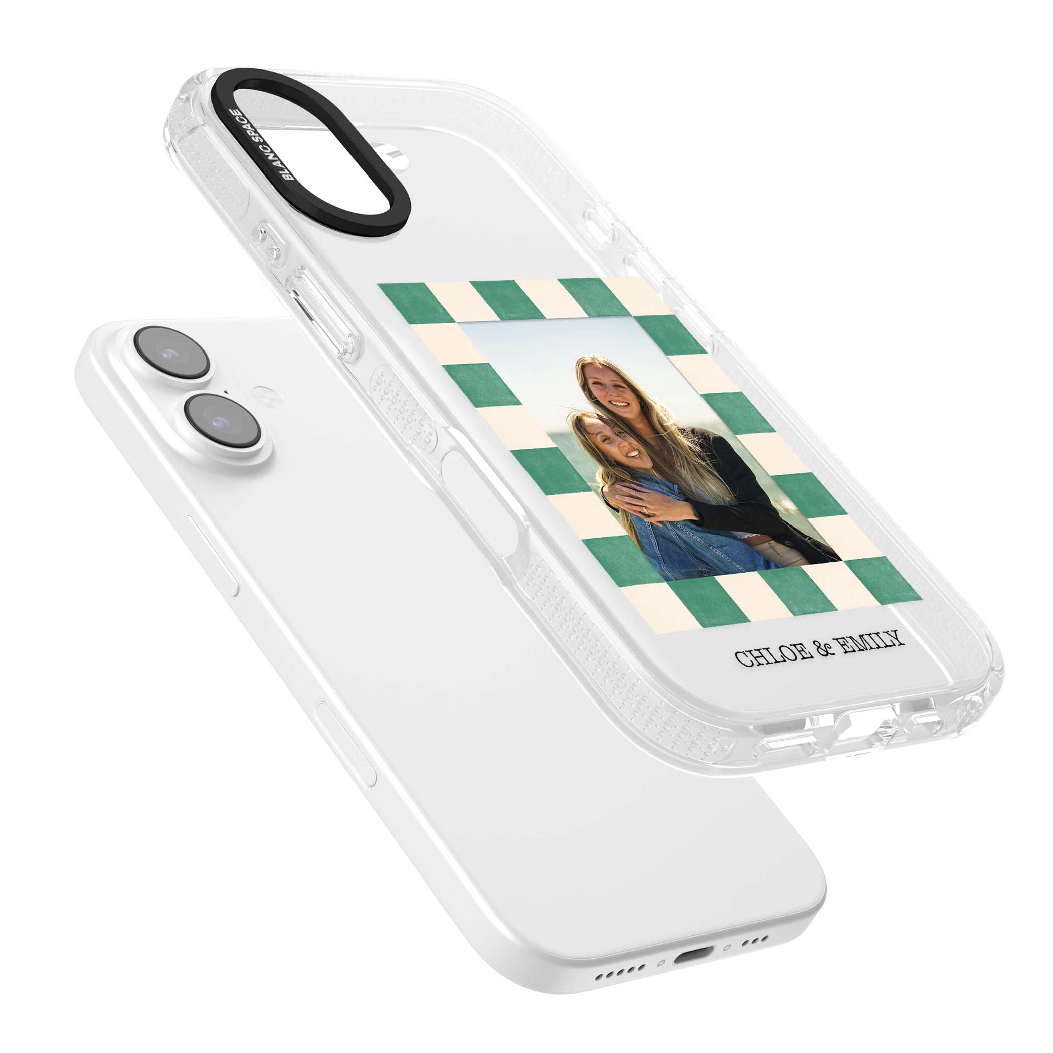 Seafoam Check Photo personalised iPhone case featuring a custom polaroid photo, green and cream checkered frame, and custom n | Clear Case Impact Air case for iPhone 17