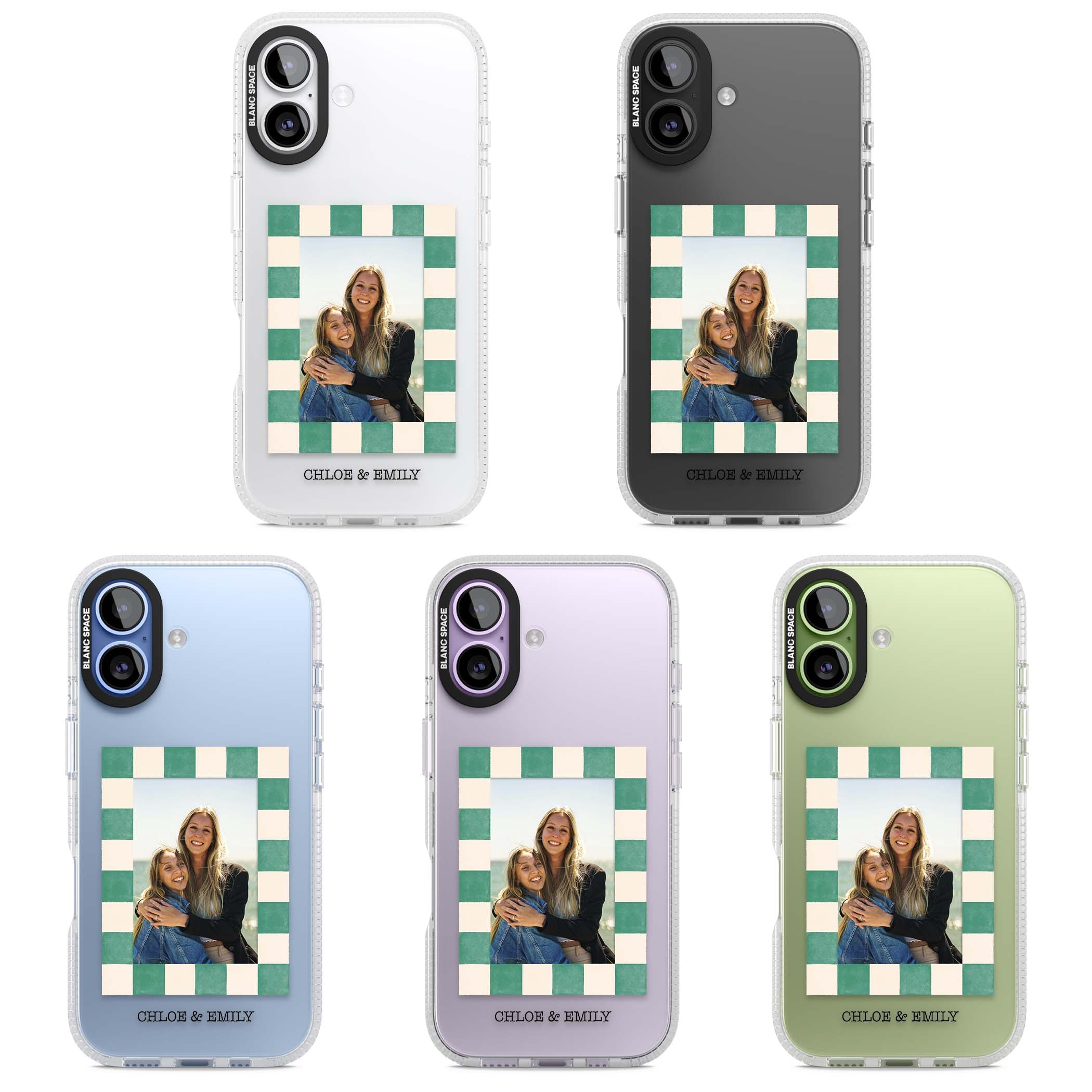 Seafoam Check Photo personalised iPhone case featuring a custom polaroid photo, green and cream checkered frame, and custom n | Clear Case Impact Air case for iPhone 17