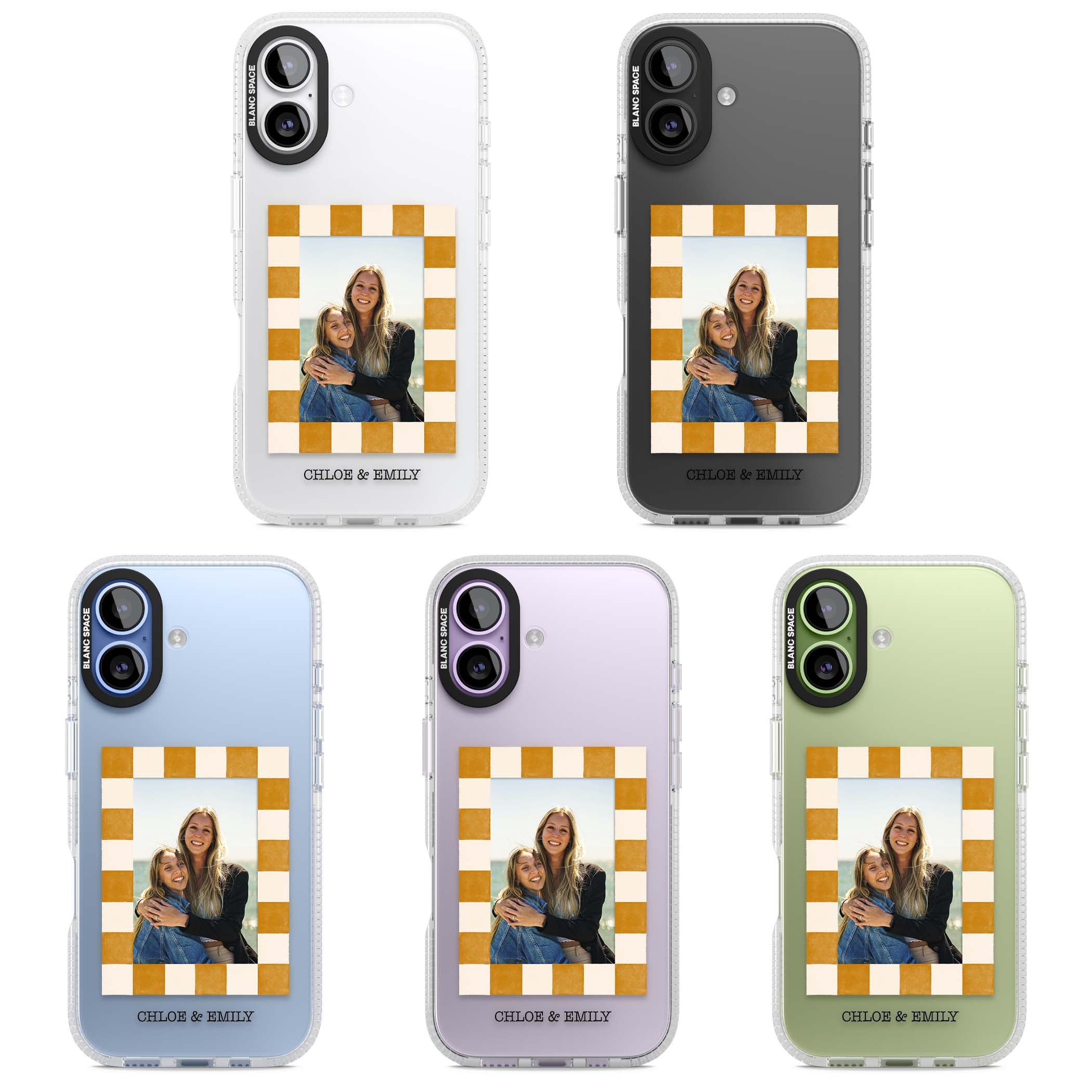 Citrus Check Photo personalised iPhone case with custom photo, orange checkered frame and names underneath | Clear Case Impact Air case for iPhone 17