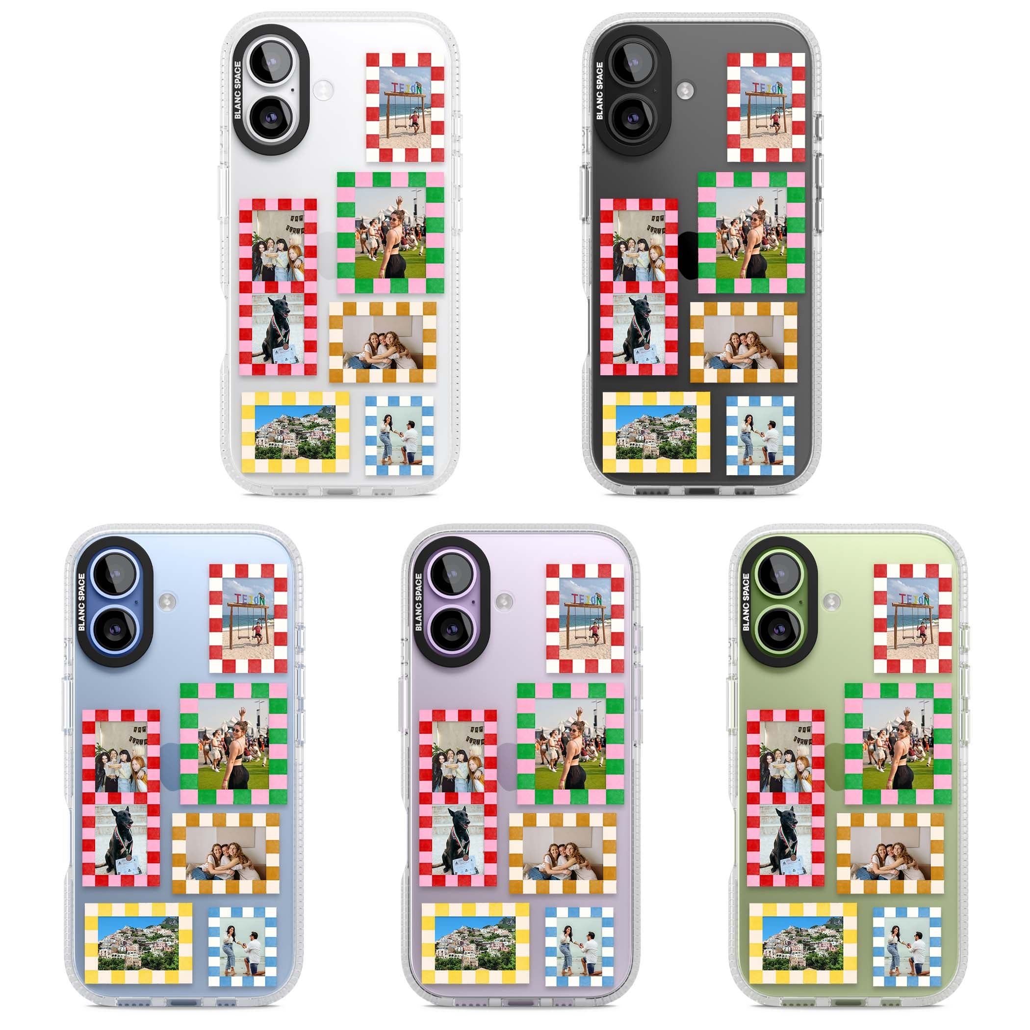 Italian Check Frames custom photo collage iPhone case featuring six checkered photo frames in red, green, pink and | Clear Case Impact Air case for iPhone 17