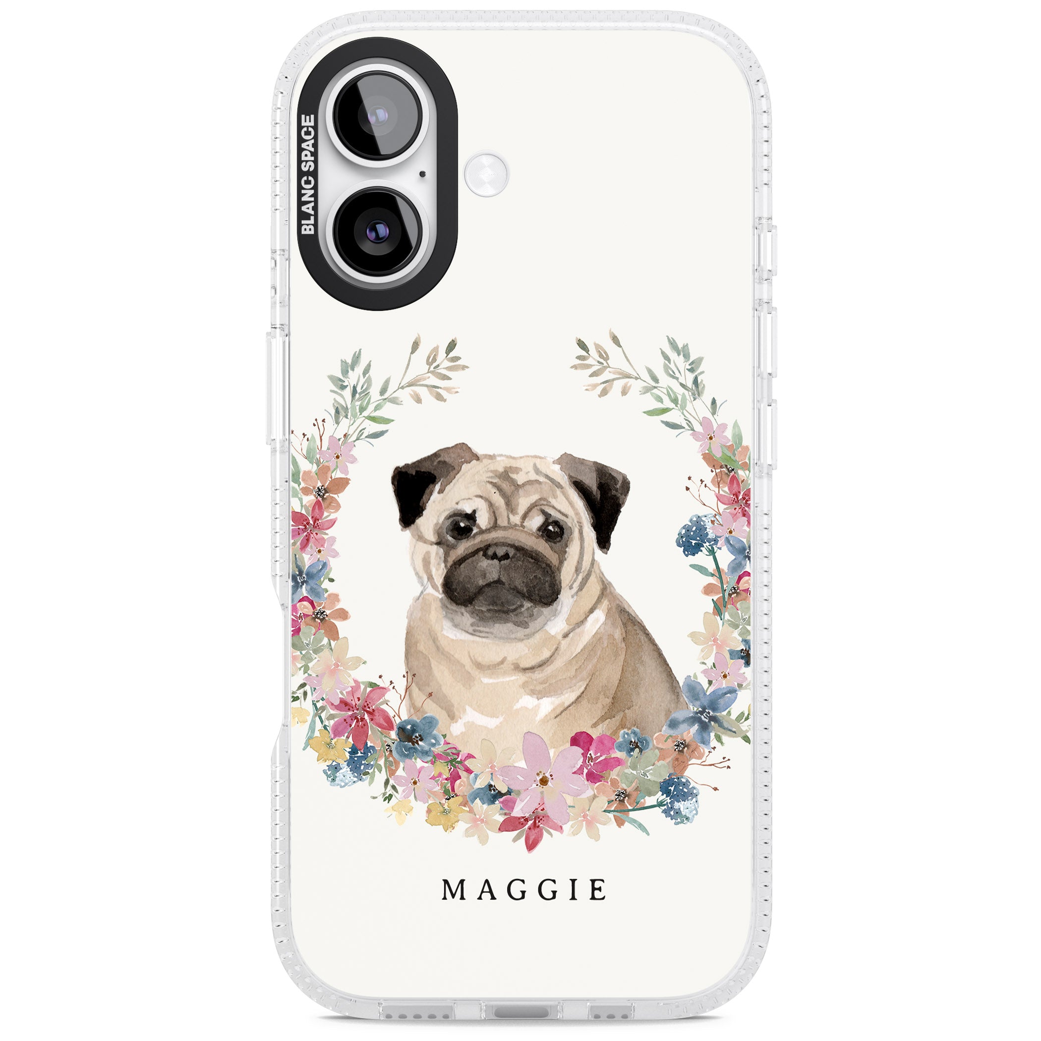 Personalised Pug Floral Portrait iPhone 17 Impact Air Clear Phone Case