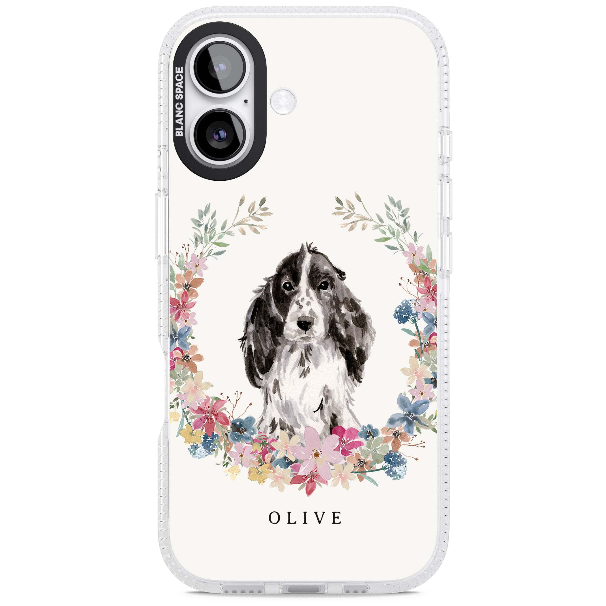 Personalised Black Cocker Spaniel Floral Portrait iPhone 17 Impact Air Clear Phone Case