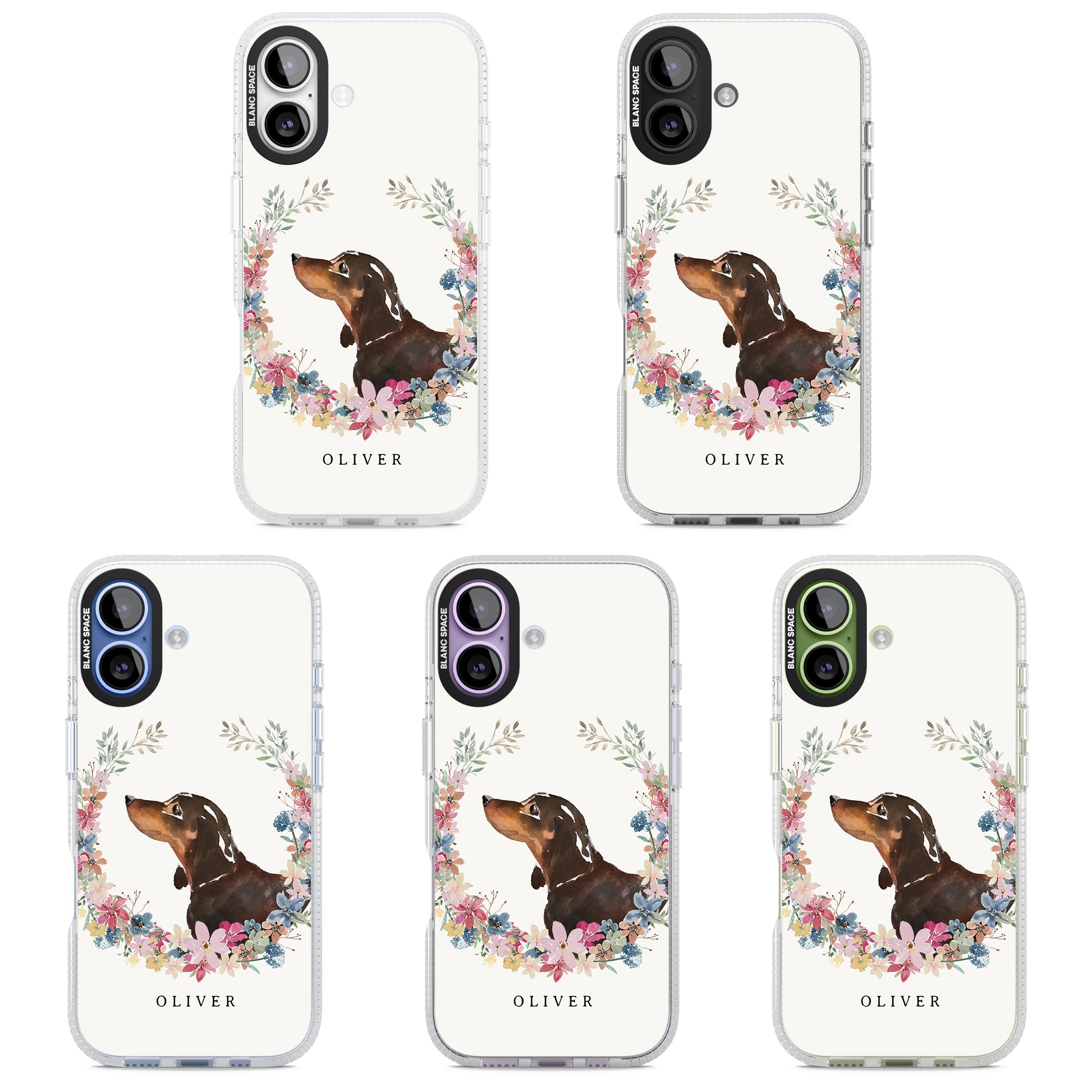 Personalised Black & Tan Dachshund Floral Portrait iPhone 17 Impact Air Clear Phone Case APT Impact Protection