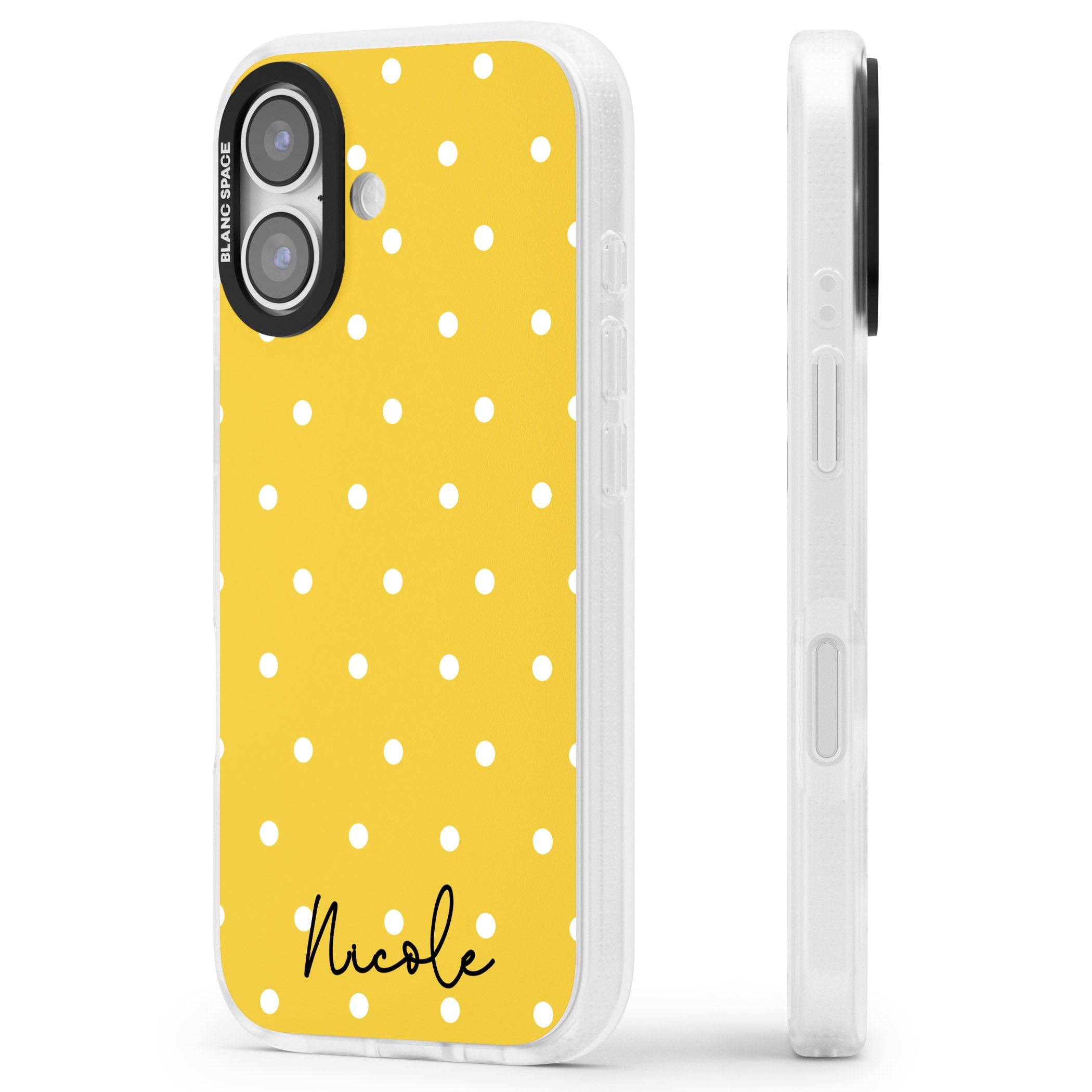 Personalised Yellow Polka Dot iPhone 17 Impact Air Clear Phone Case Side Profile