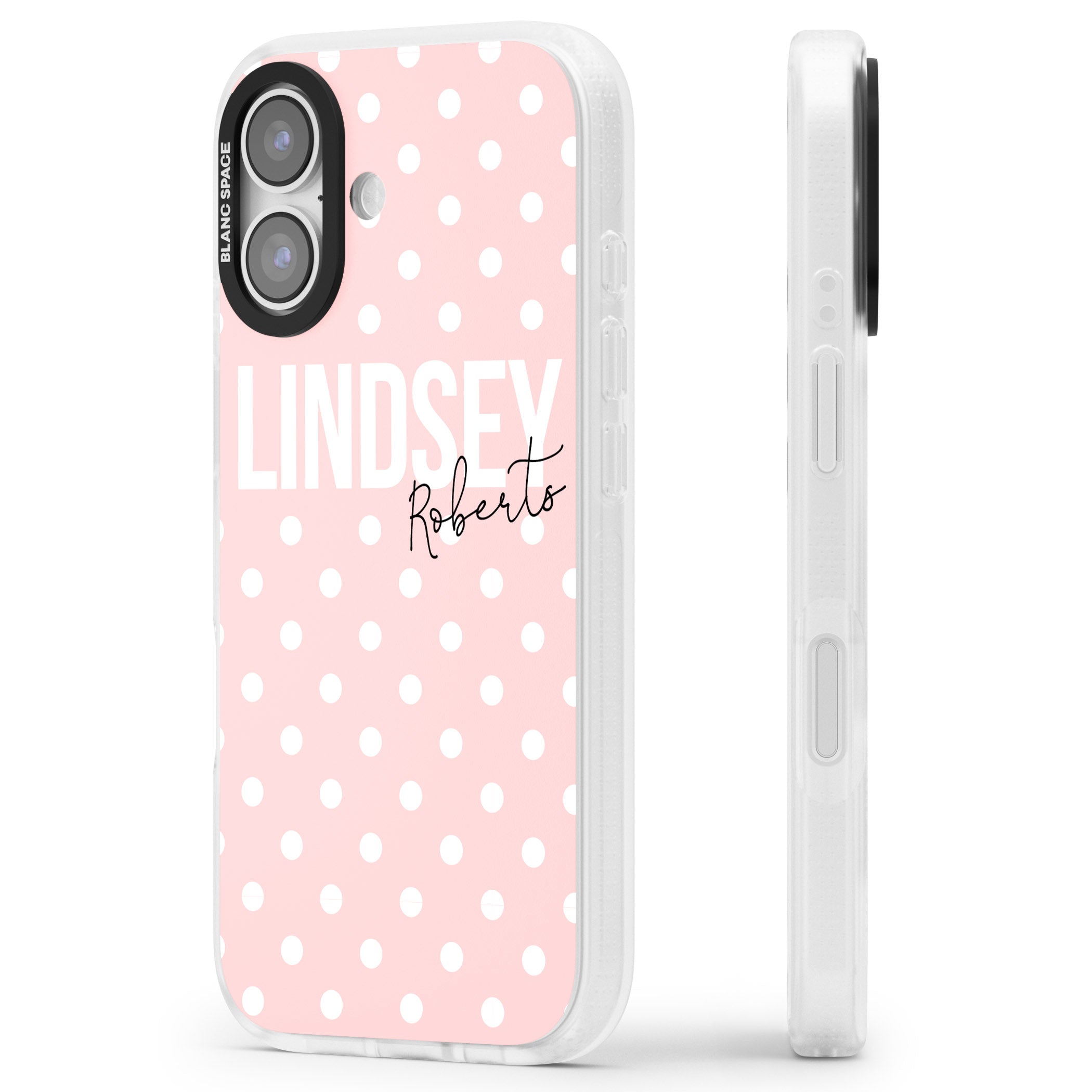 Personalised Pink Polka iPhone 17 Impact Air Clear Phone Case Side Profile