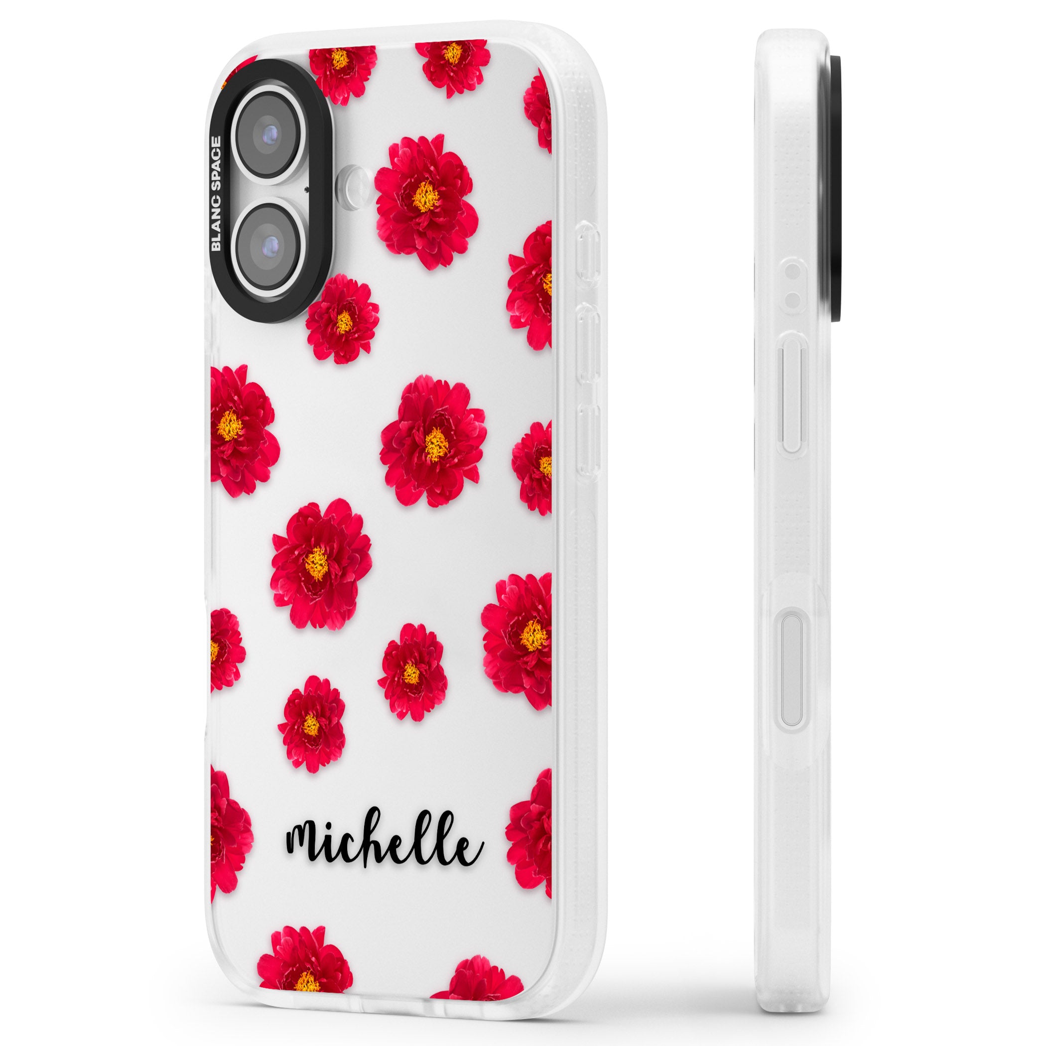 Personalised Red Peonies & Cursive iPhone 17 Impact Air Clear Phone Case Side Profile