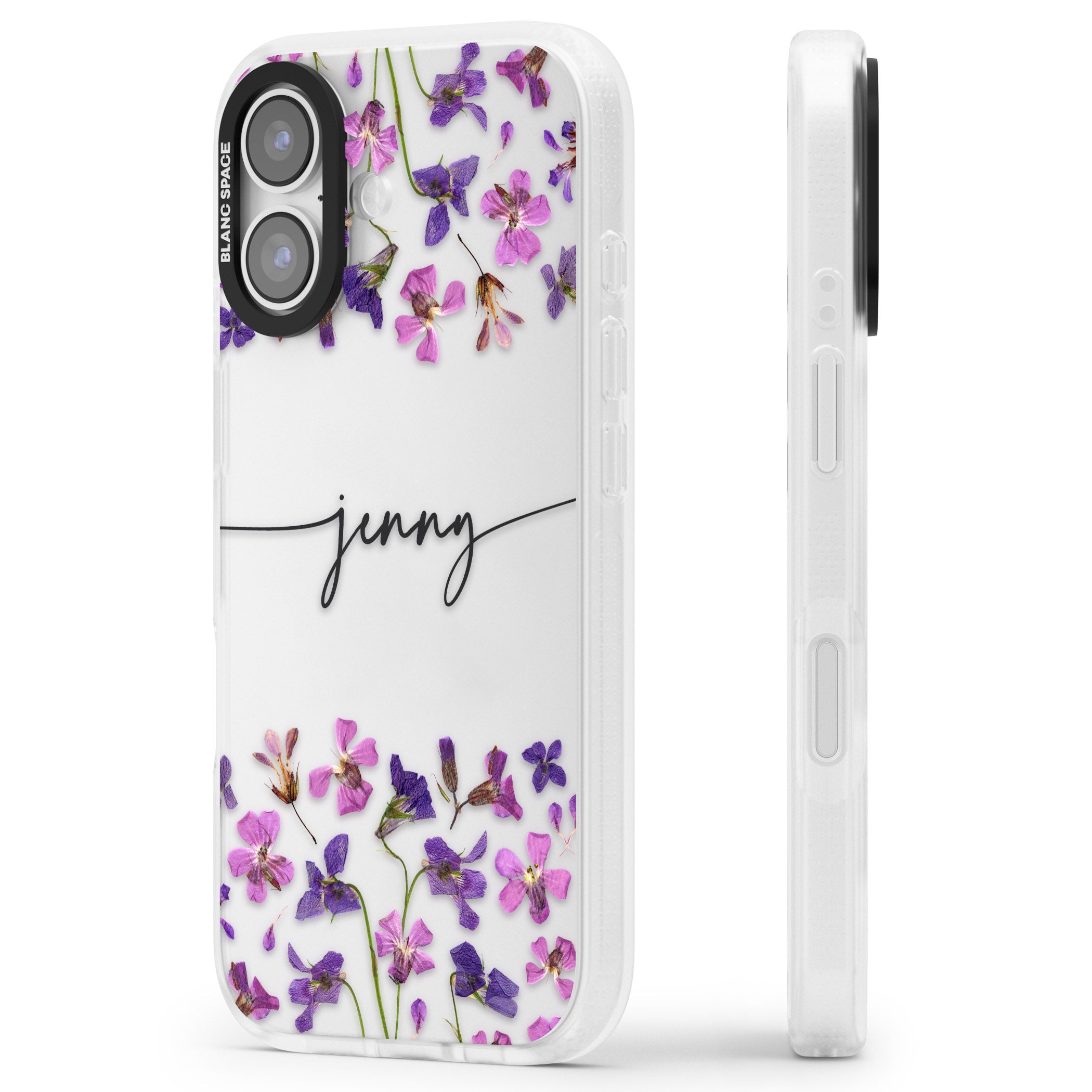 Personalised Purple Violets iPhone 17 Impact Air Clear Phone Case Side Profile