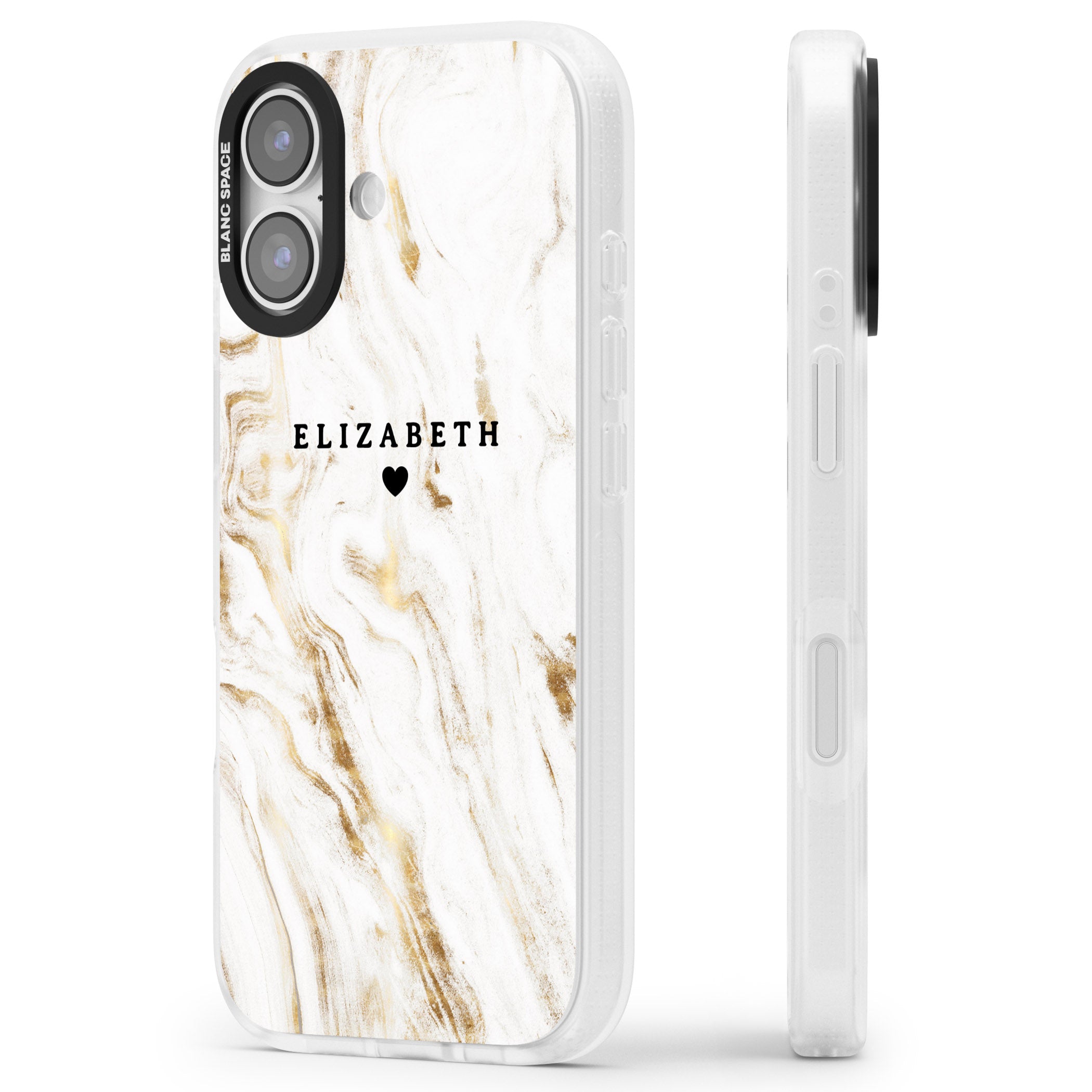 Personalised White & Gold Swirl Marble iPhone 17 Impact Air Clear Phone Case Side Profile