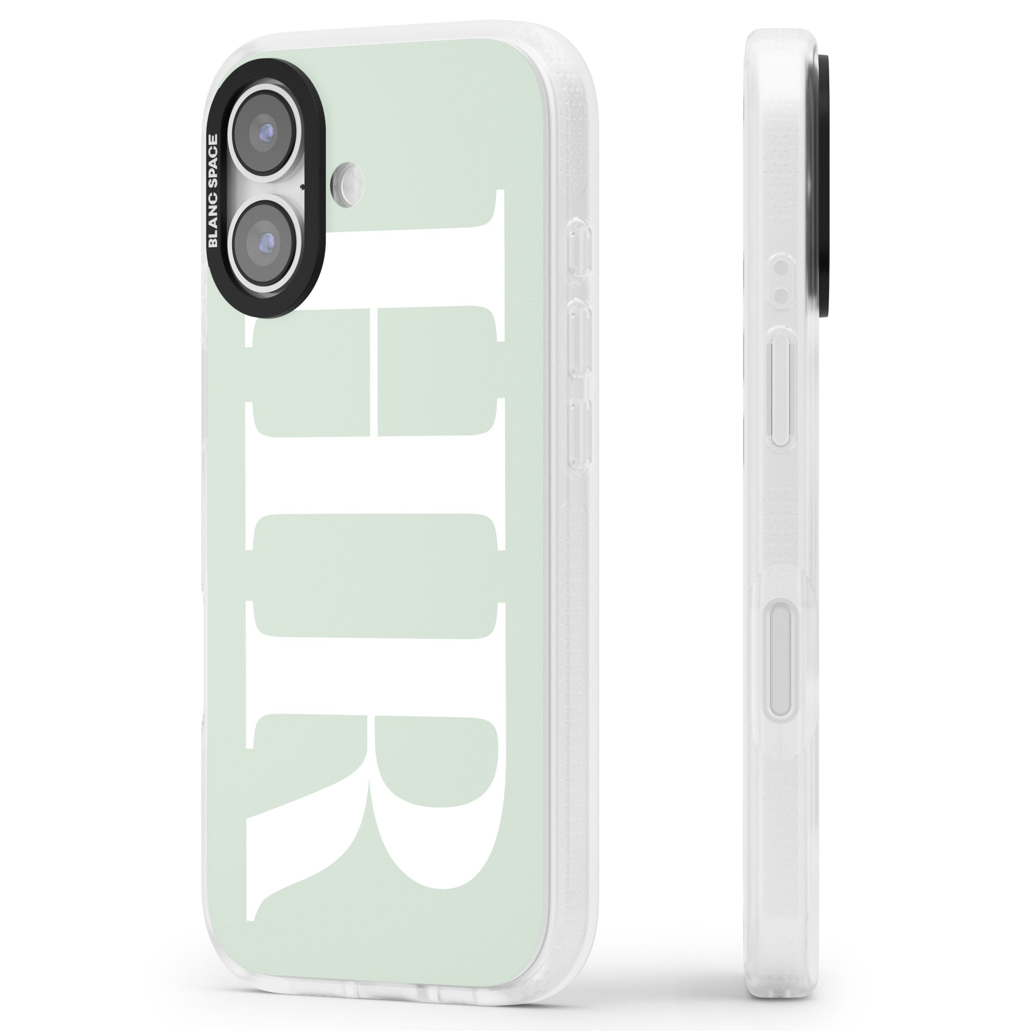 Personalised White & Seafoam Green Letters iPhone 17 Impact Air Clear Phone Case Side Profile